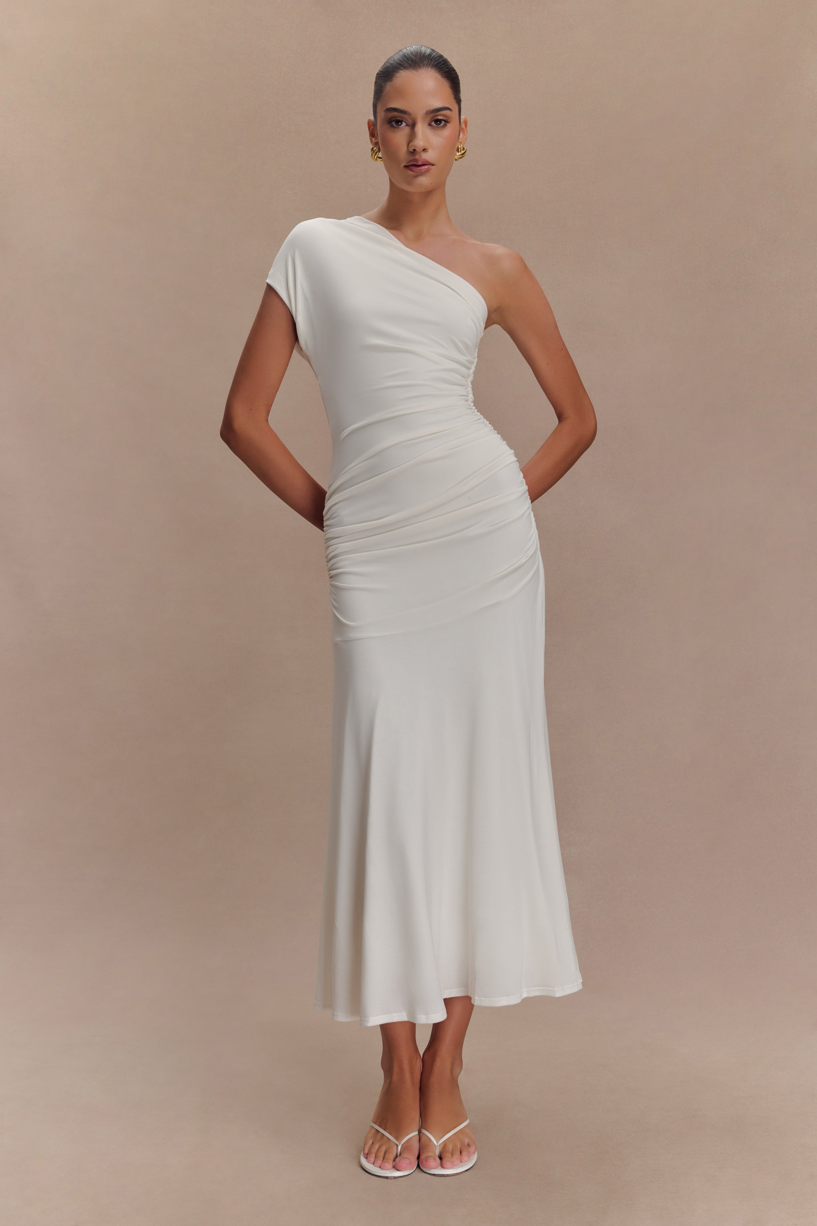 Levauro Chloe Şeftali Jersey Tek Omuz Midi Elbise - Fildişi