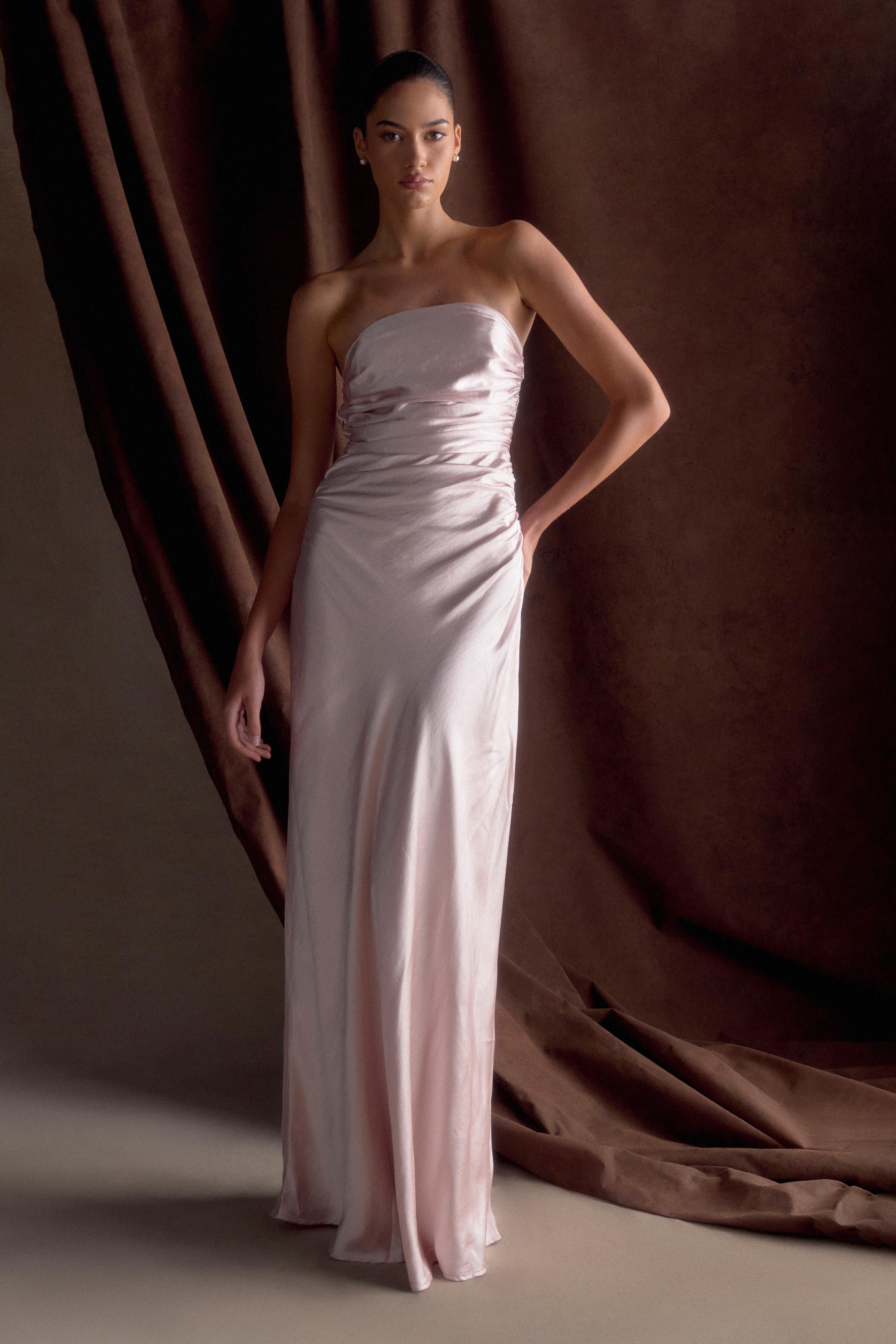 Levauro Sedir Straplez Saten Maxi Elbise - Soft Pembe