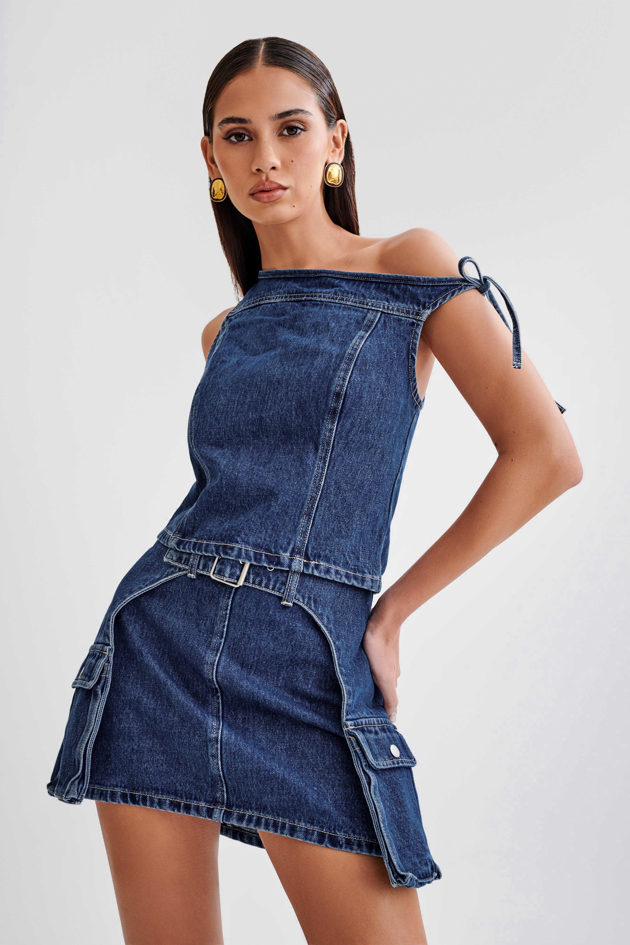 Levauro Ramsey Denim Düşük Omuz Üst - Koyu Mavi