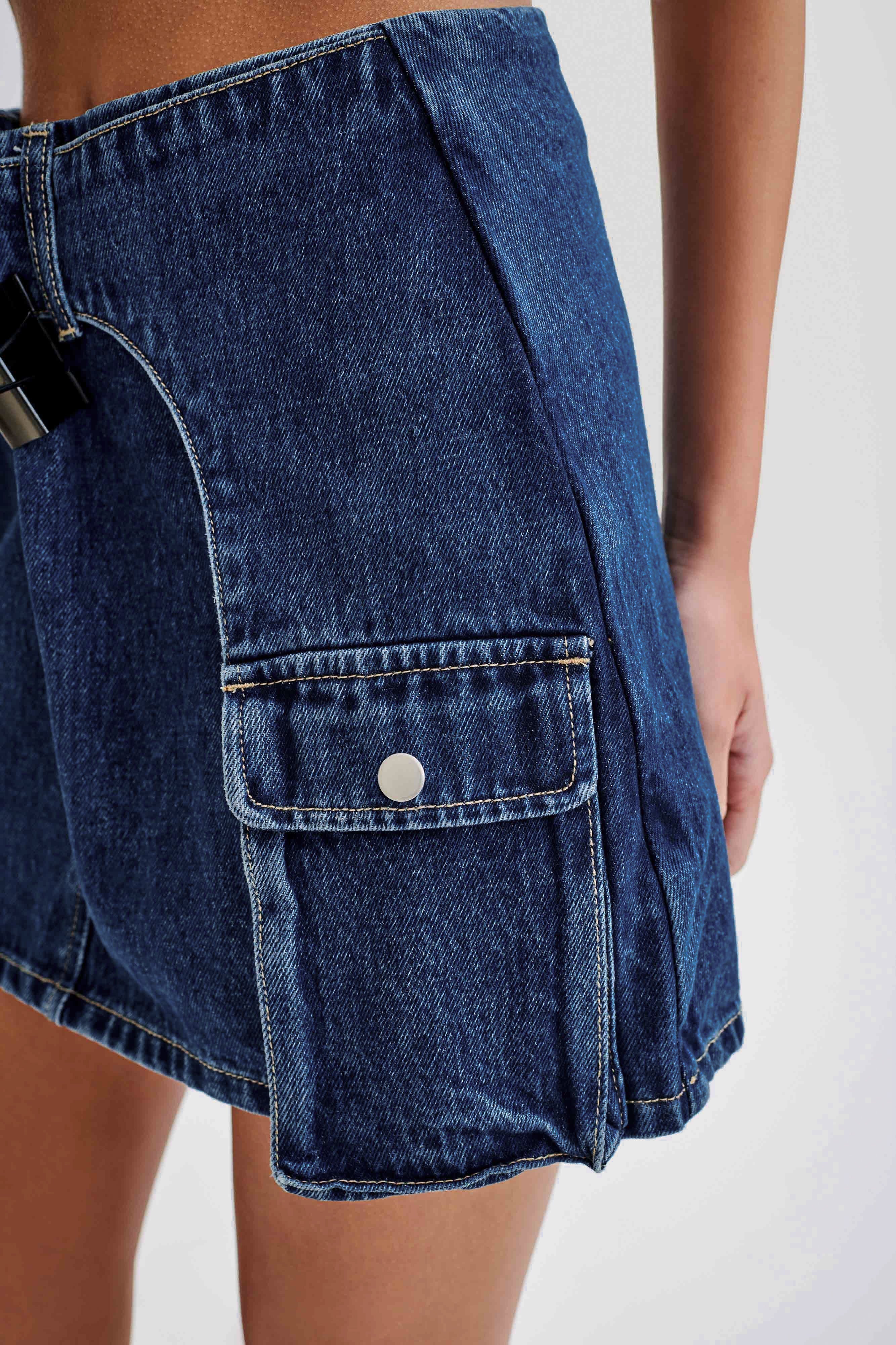 Levauro Rowena Denim Tokalı Mini Etek - Koyu Mavi