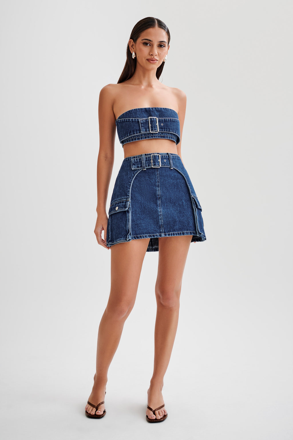 Levauro Rowena Denim Tokalı Mini Etek - Koyu Mavi
