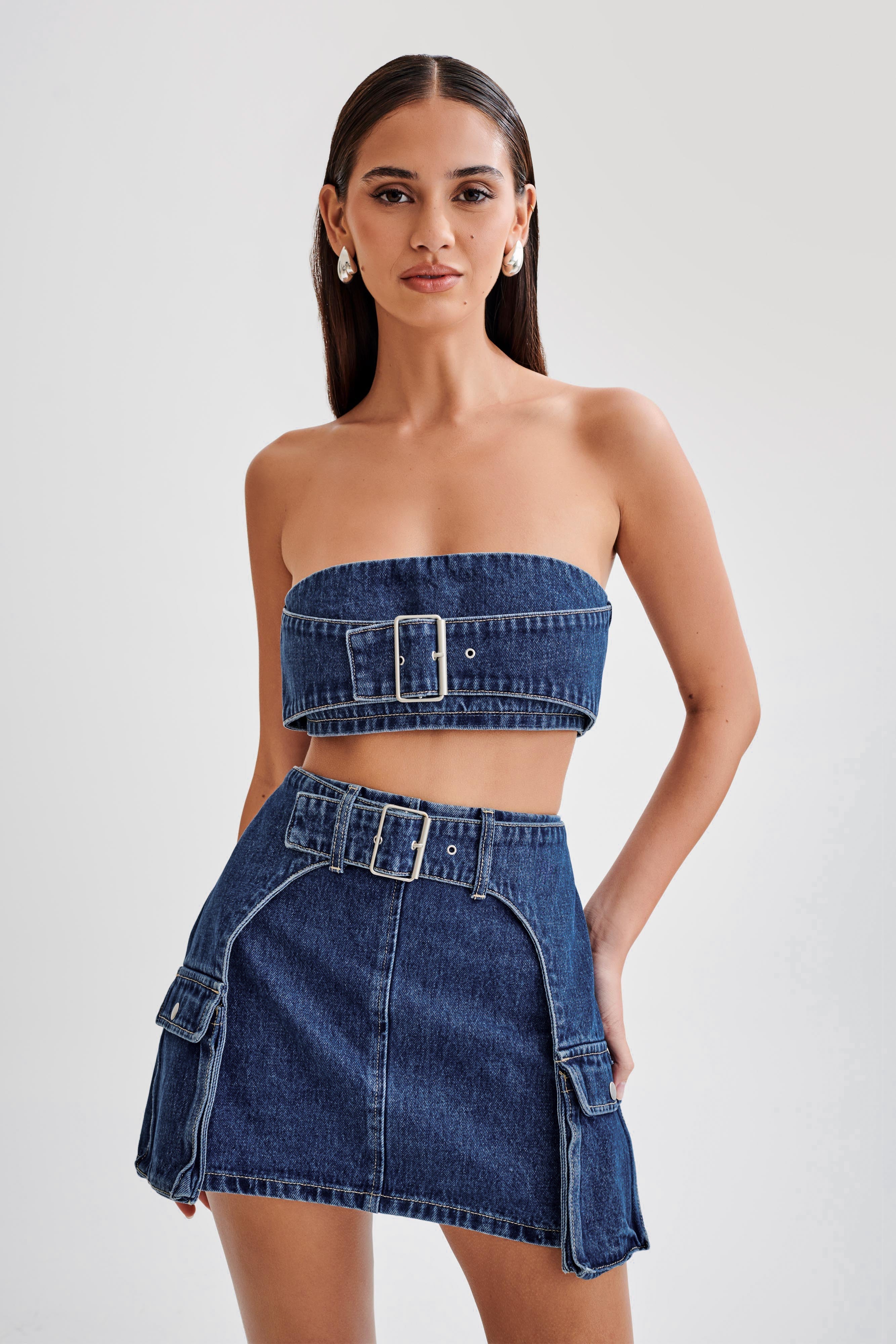 Levauro Rowena Denim Tokalı Mini Etek - Koyu Mavi