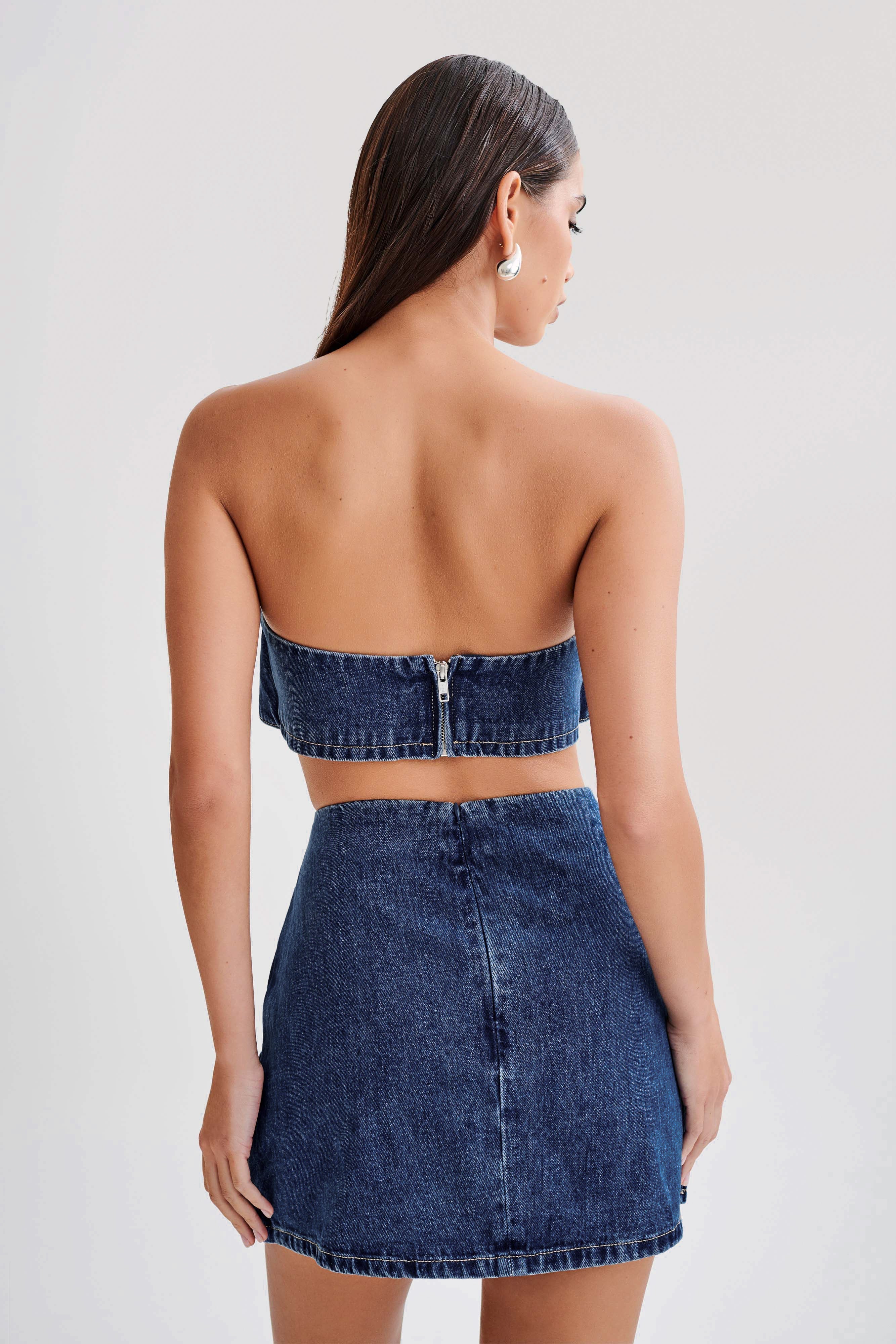 Levauro Rowena Denim Tokalı Mini Etek - Koyu Mavi