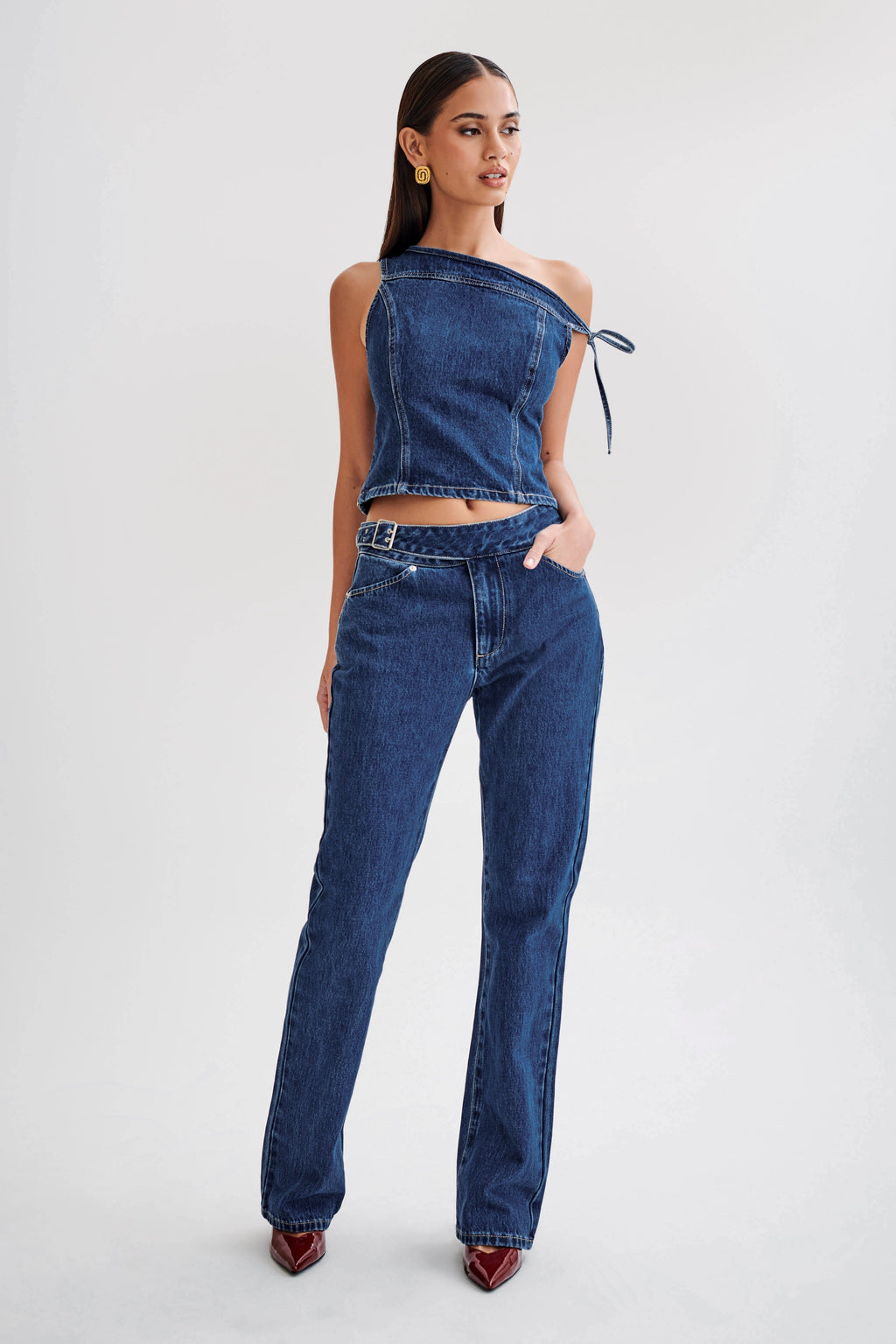 Levauro Ramsey Denim Düşük Omuz Üst - Koyu Mavi