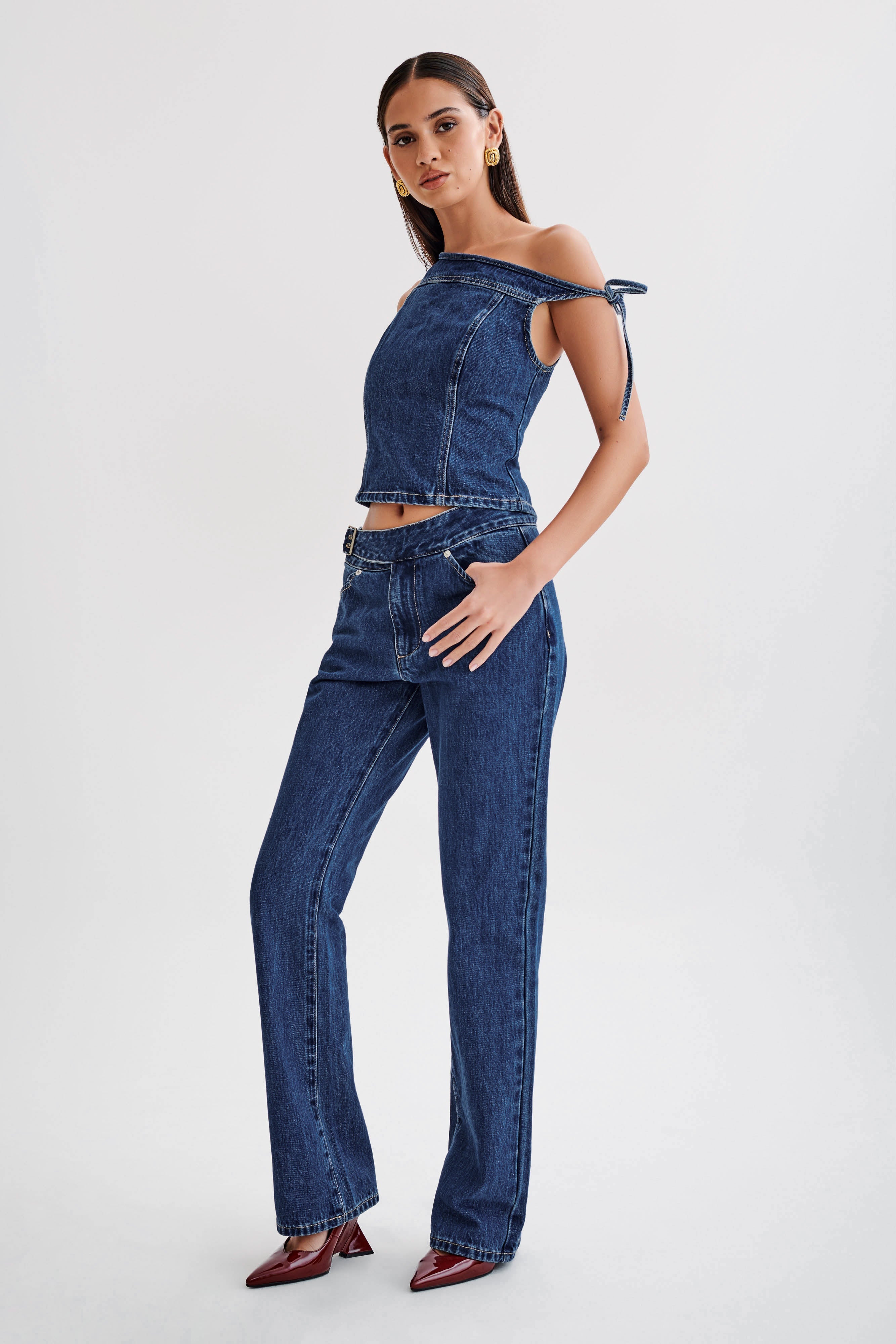 Levauro Ramsey Denim Düşük Omuz Üst - Koyu Mavi