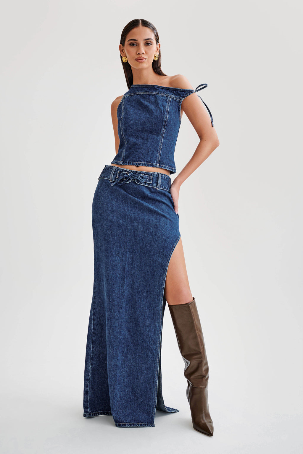 Levauro Ramsey Denim Düşük Omuz Üst - Koyu Mavi