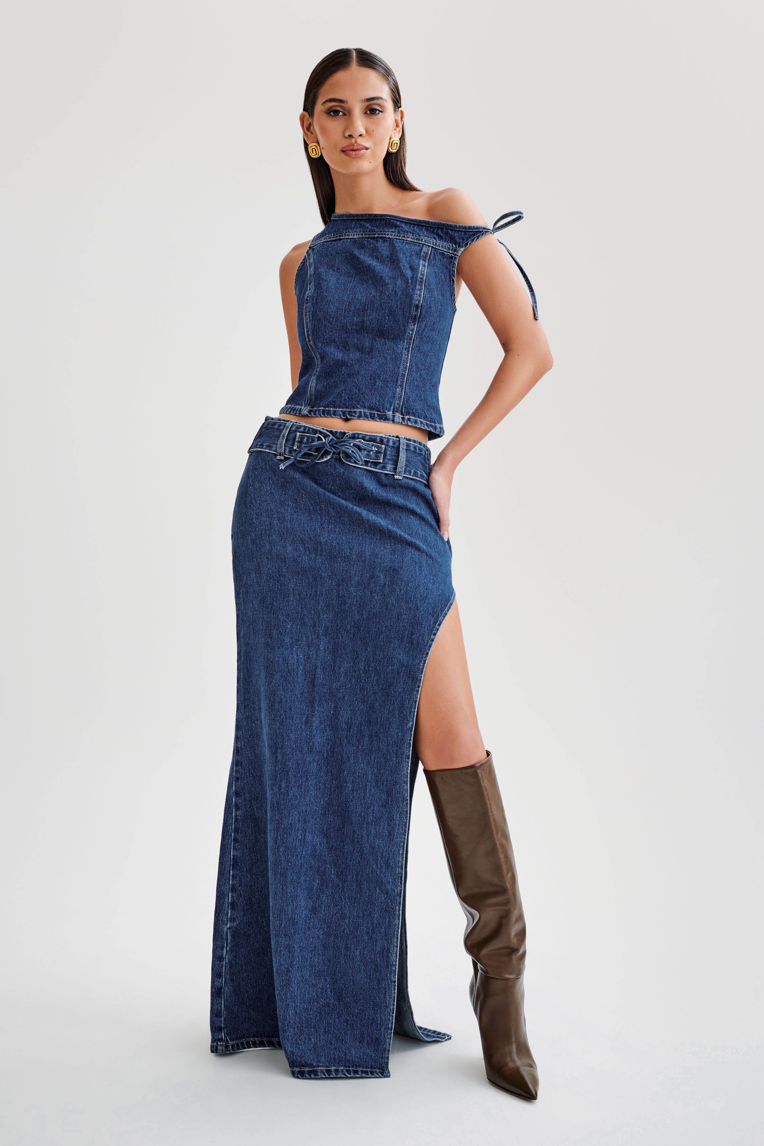 Levauro Ramsey Denim Düşük Omuz Üst - Koyu Mavi