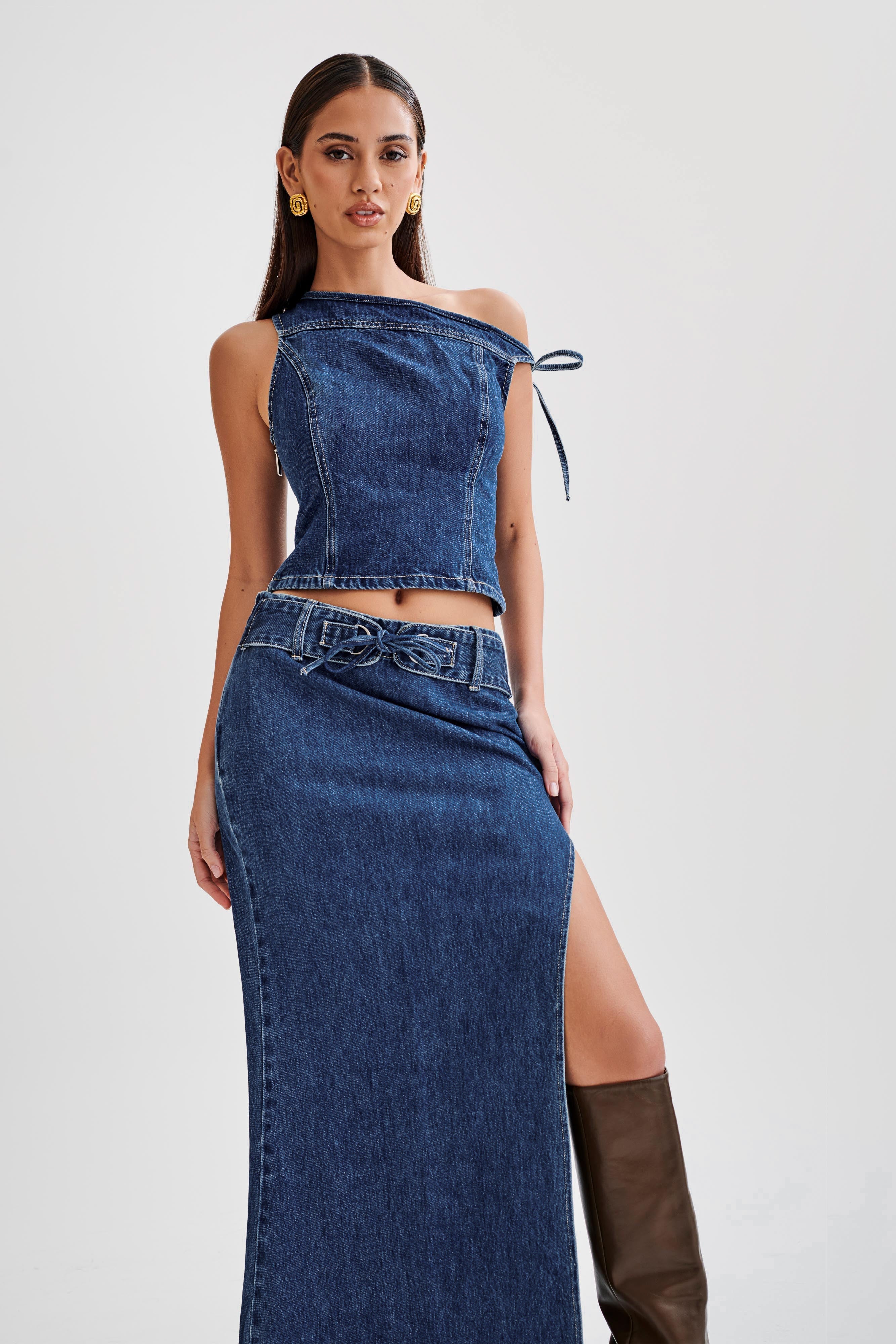 Levauro Ramsey Denim Düşük Omuz Üst - Koyu Mavi