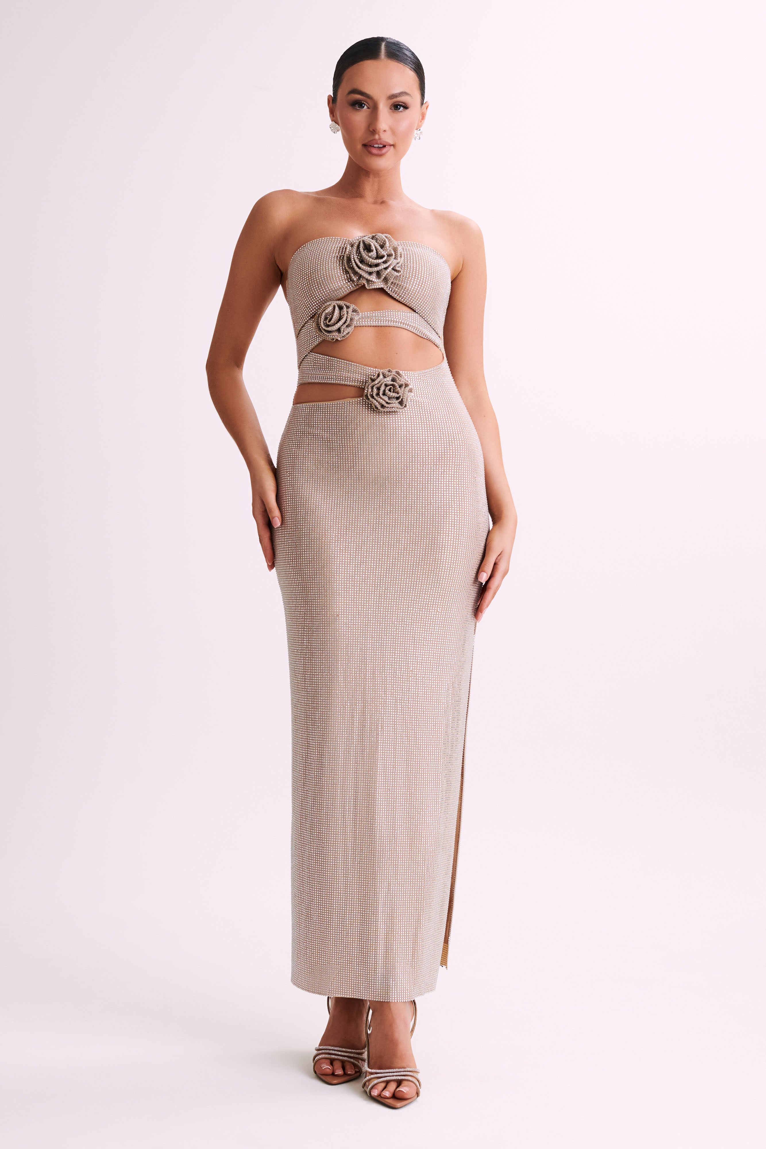 Levauro Stassie Straplez Rose Diamante Maxi Elbise - Ten Rengi