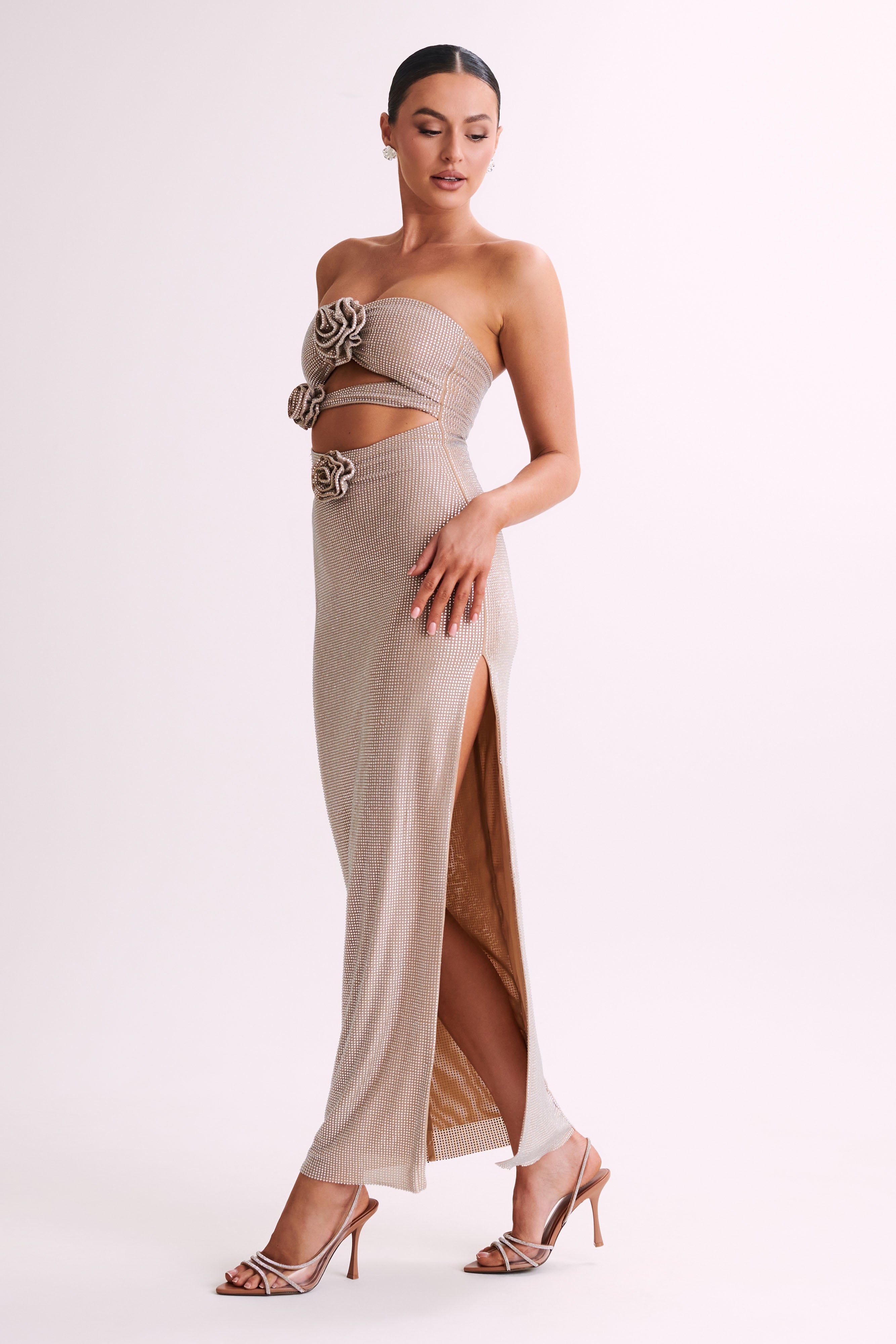 Levauro Stassie Straplez Rose Diamante Maxi Elbise - Ten Rengi