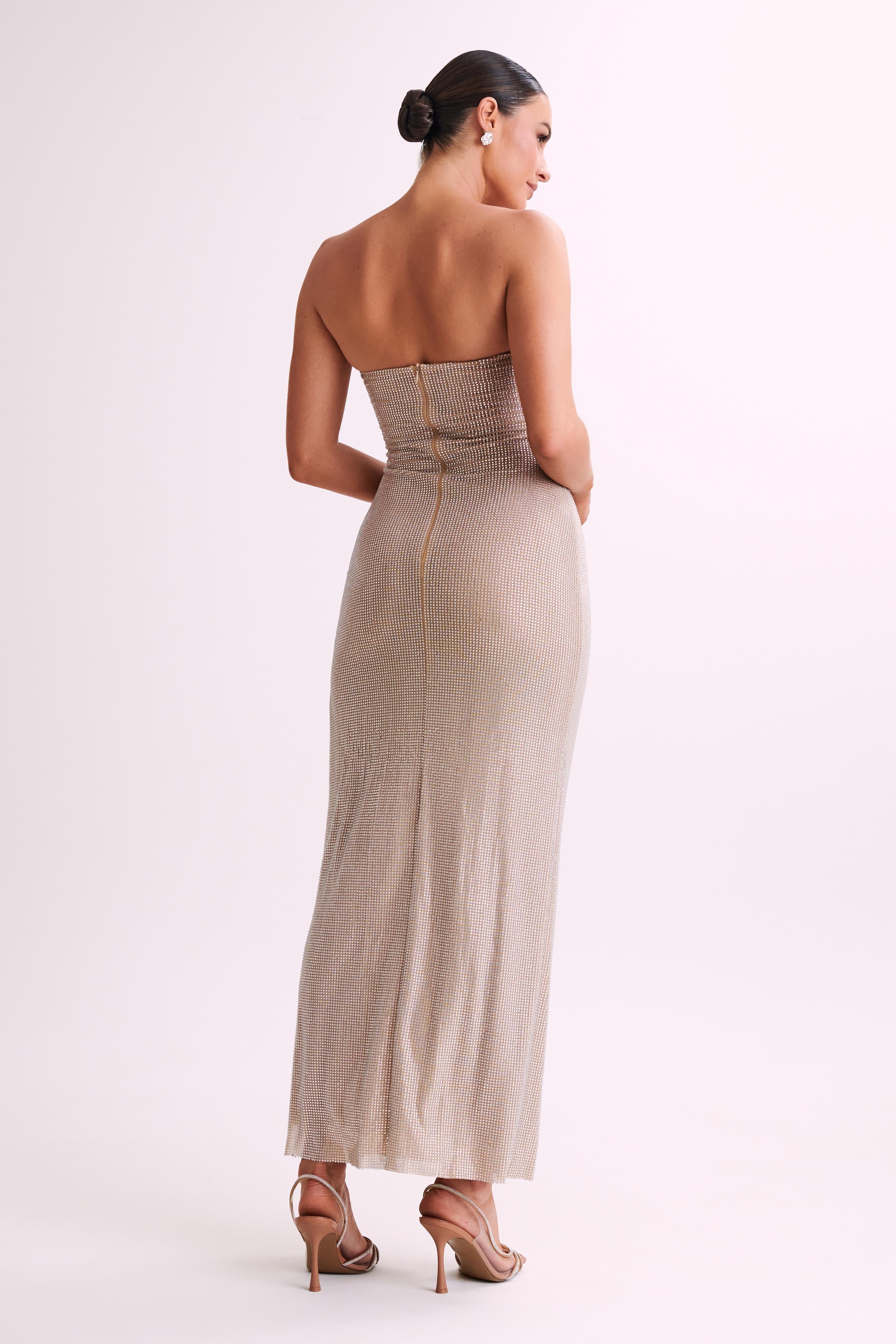 Levauro Stassie Straplez Rose Diamante Maxi Elbise - Ten Rengi