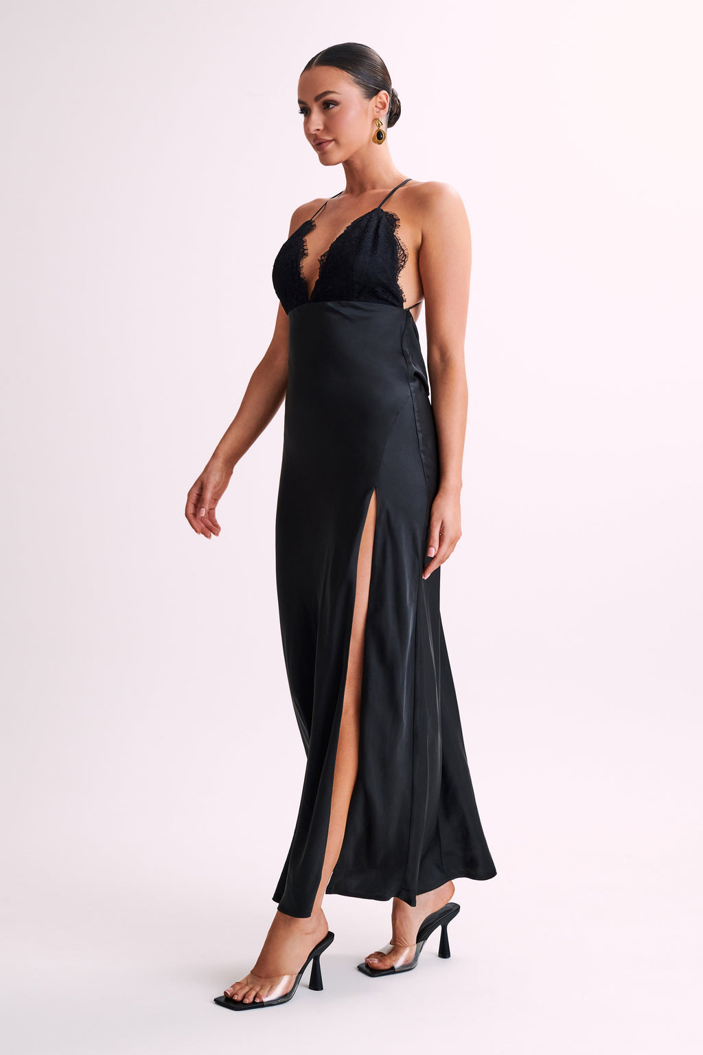 Levauro Gina Saten Slip Uzun Elbise - Siyah