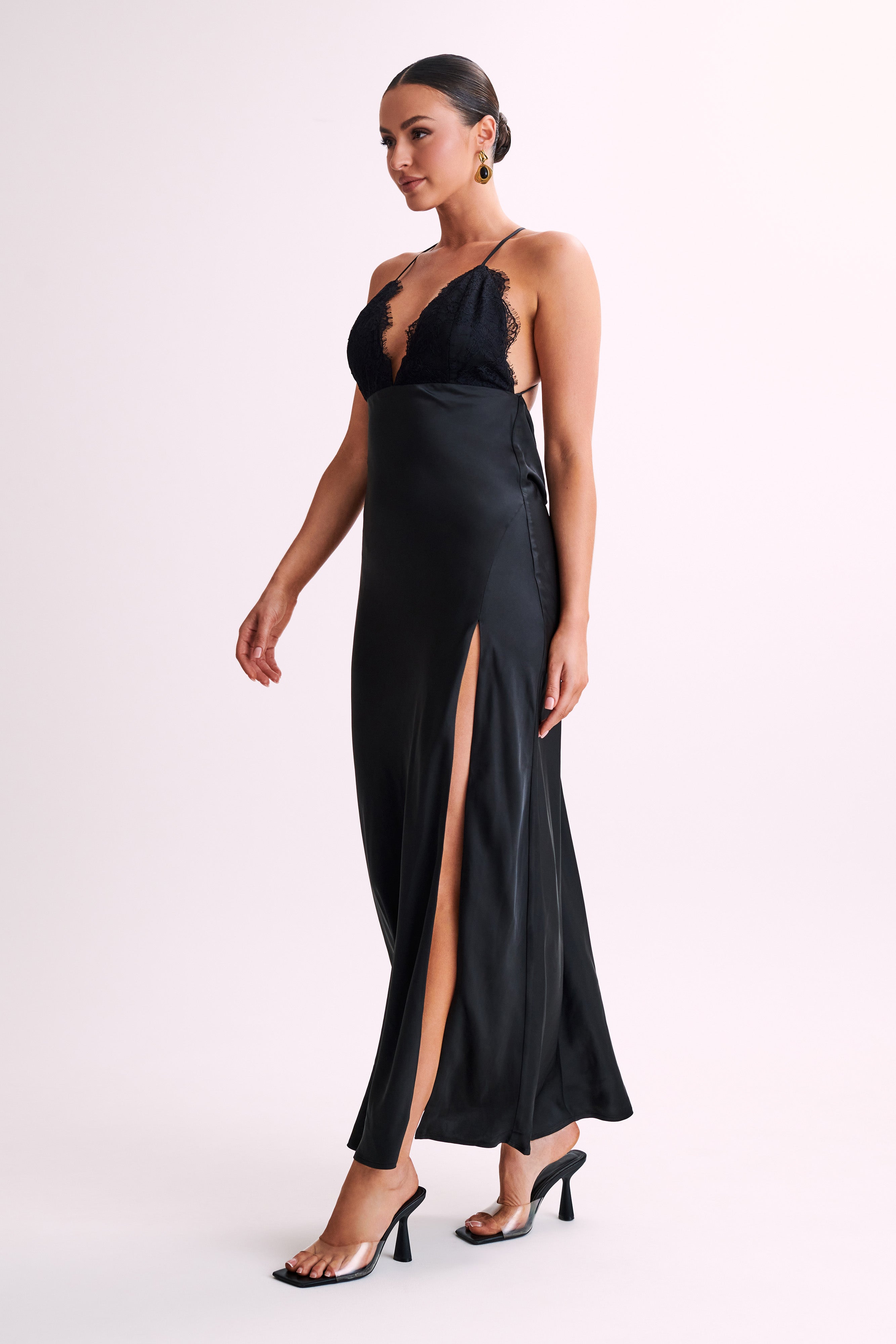 Levauro Gina Saten Slip Uzun Elbise - Siyah