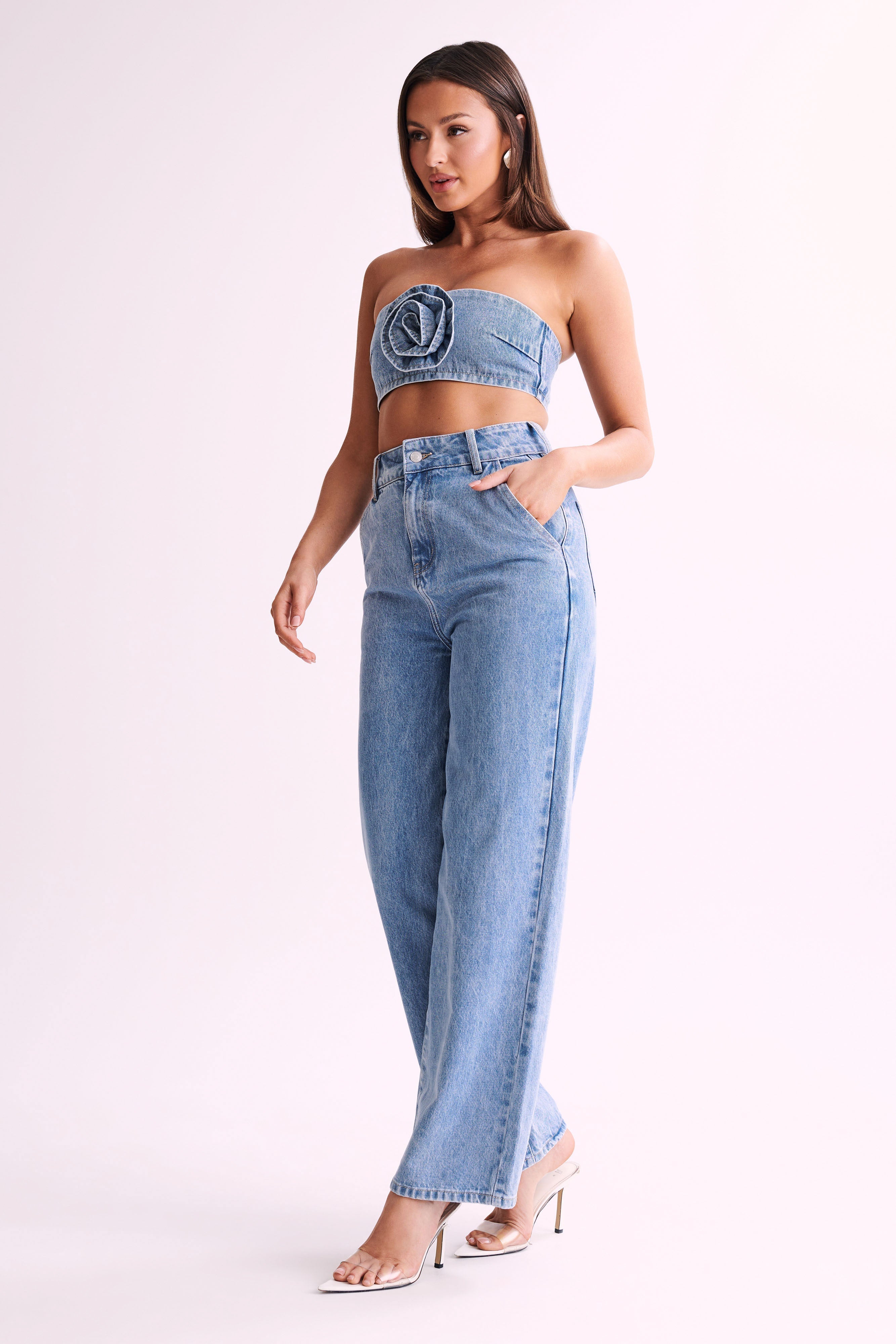 Levauro Roxy Geniş Paça Yüksek Bel Denim Jeans - Orta Mavi