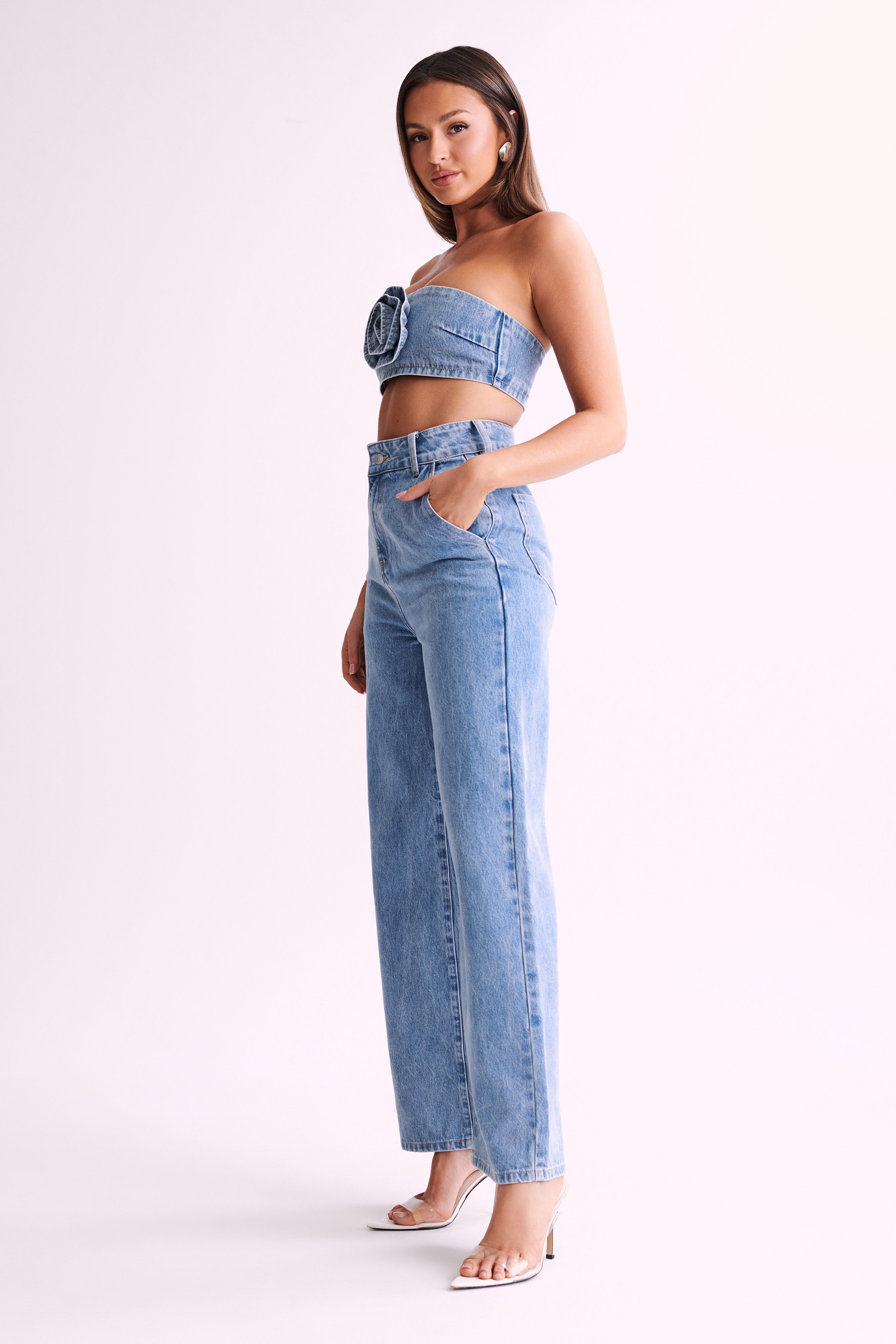 Levauro Roxy Geniş Paça Yüksek Bel Denim Jeans - Orta Mavi