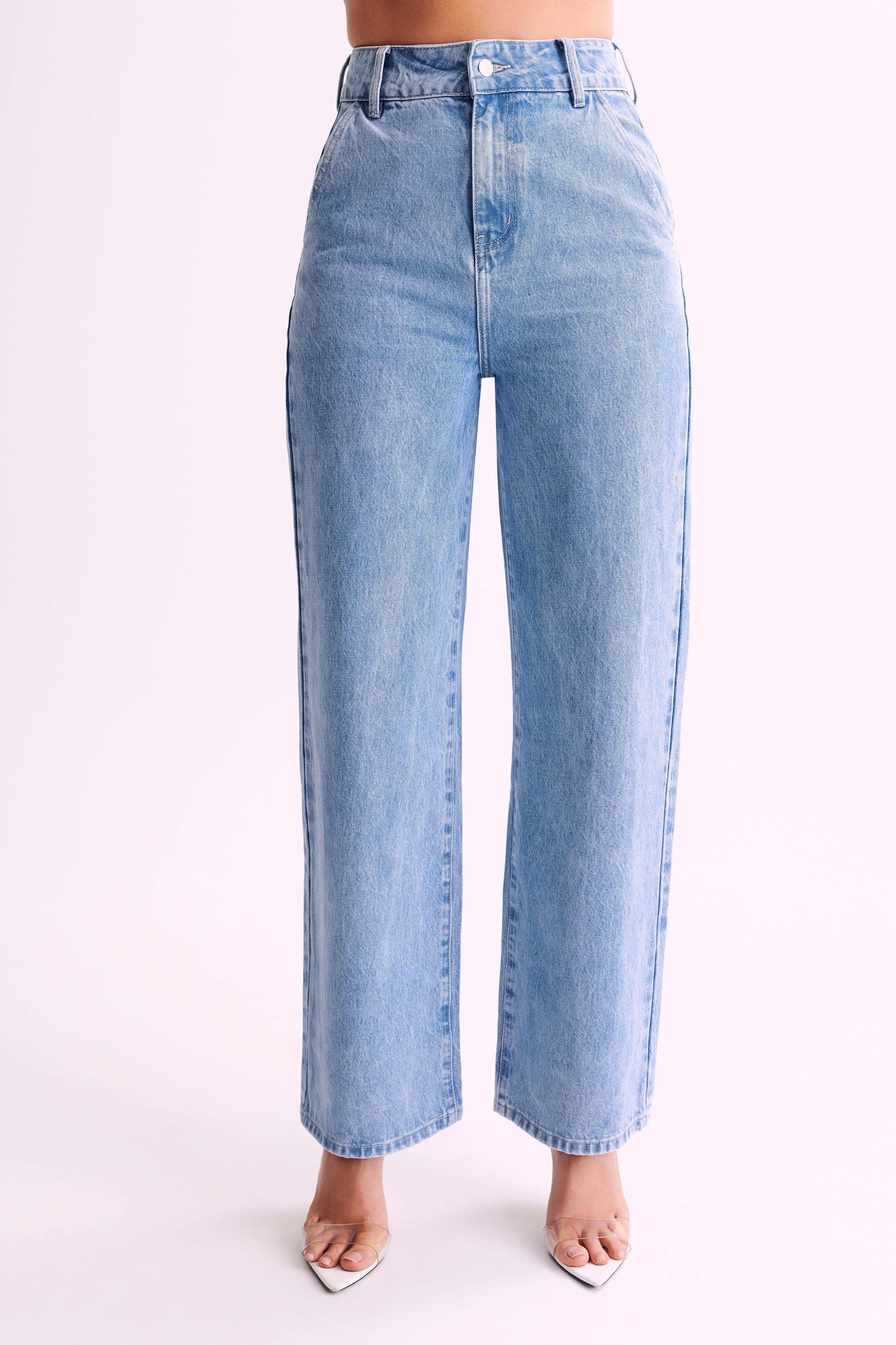 Levauro Roxy Geniş Paça Yüksek Bel Denim Jeans - Orta Mavi