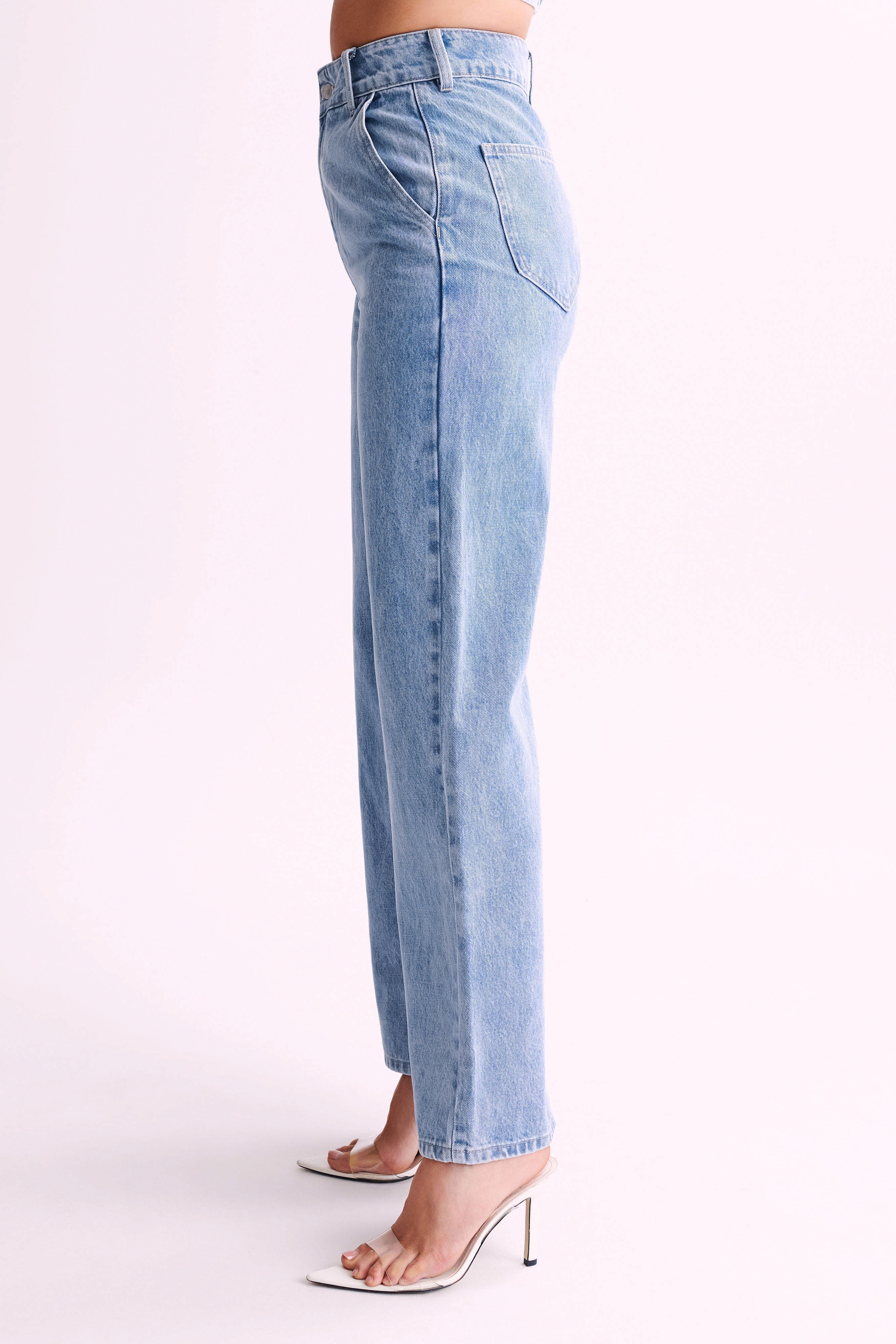 Levauro Roxy Geniş Paça Yüksek Bel Denim Jeans - Orta Mavi