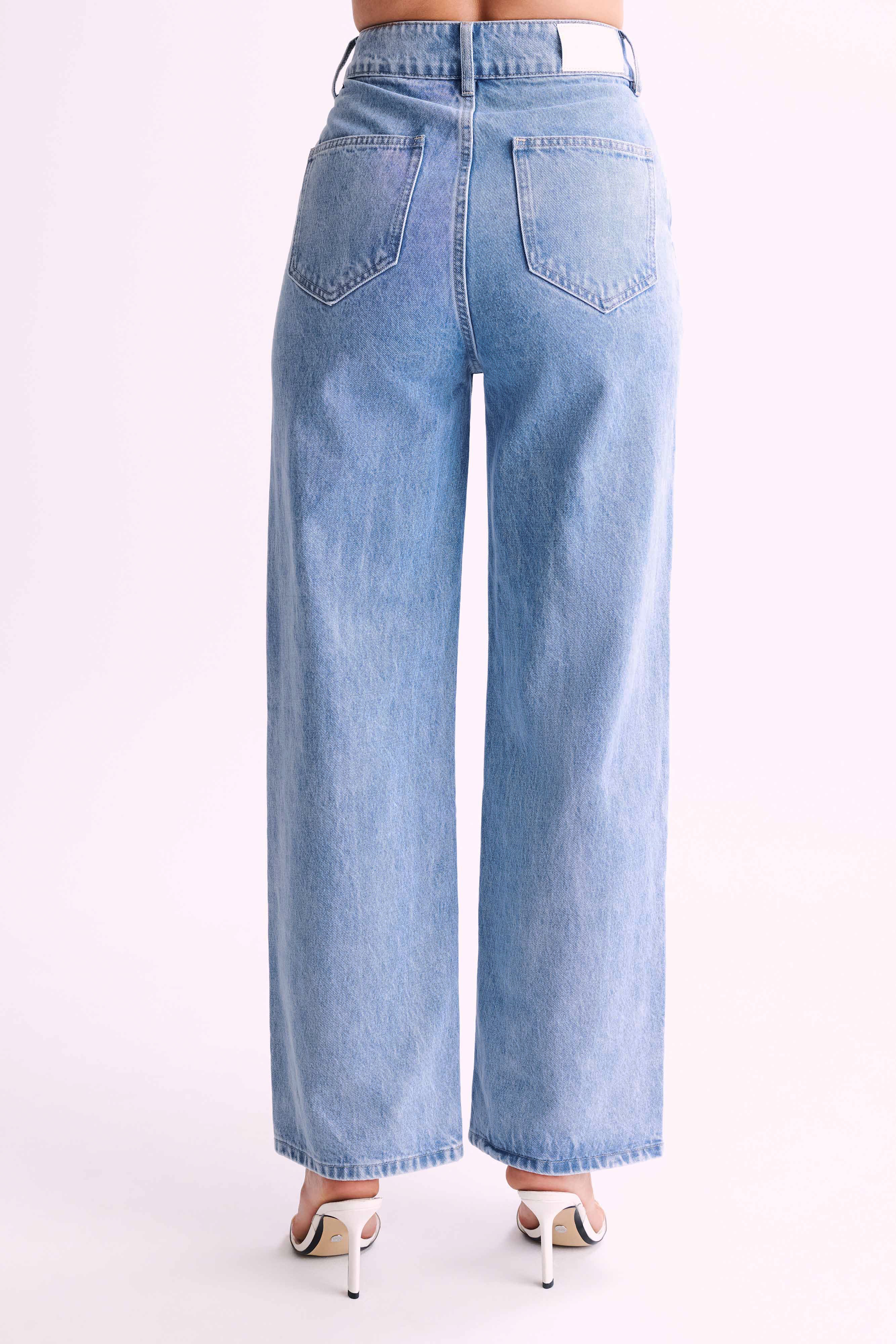 Levauro Roxy Geniş Paça Yüksek Bel Denim Jeans - Orta Mavi