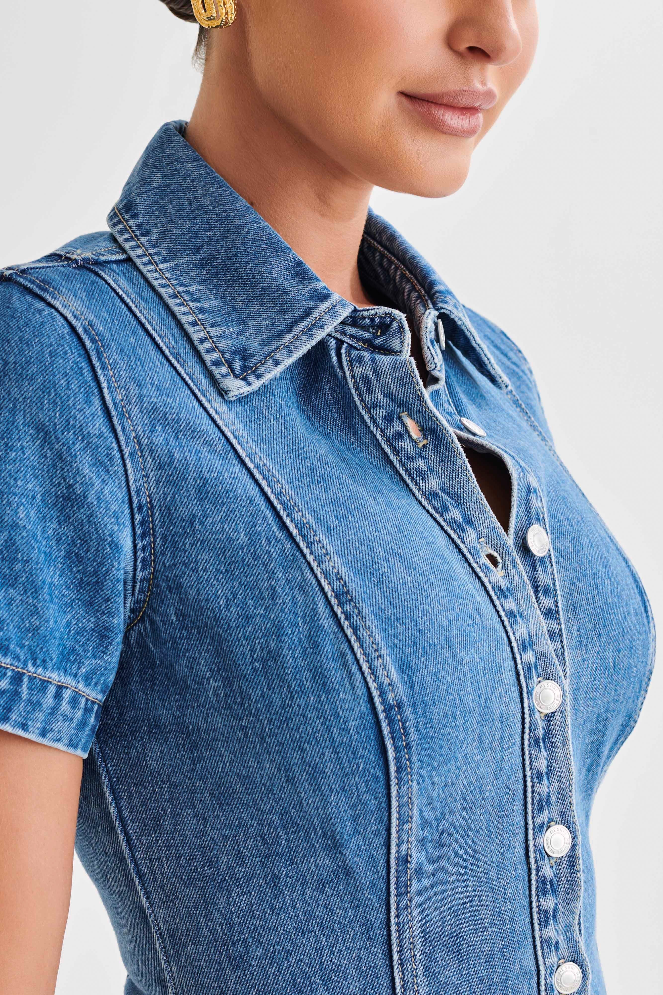 Levauro Ellie Denim Kısa Kollu Üst - 70'Ler Mavi