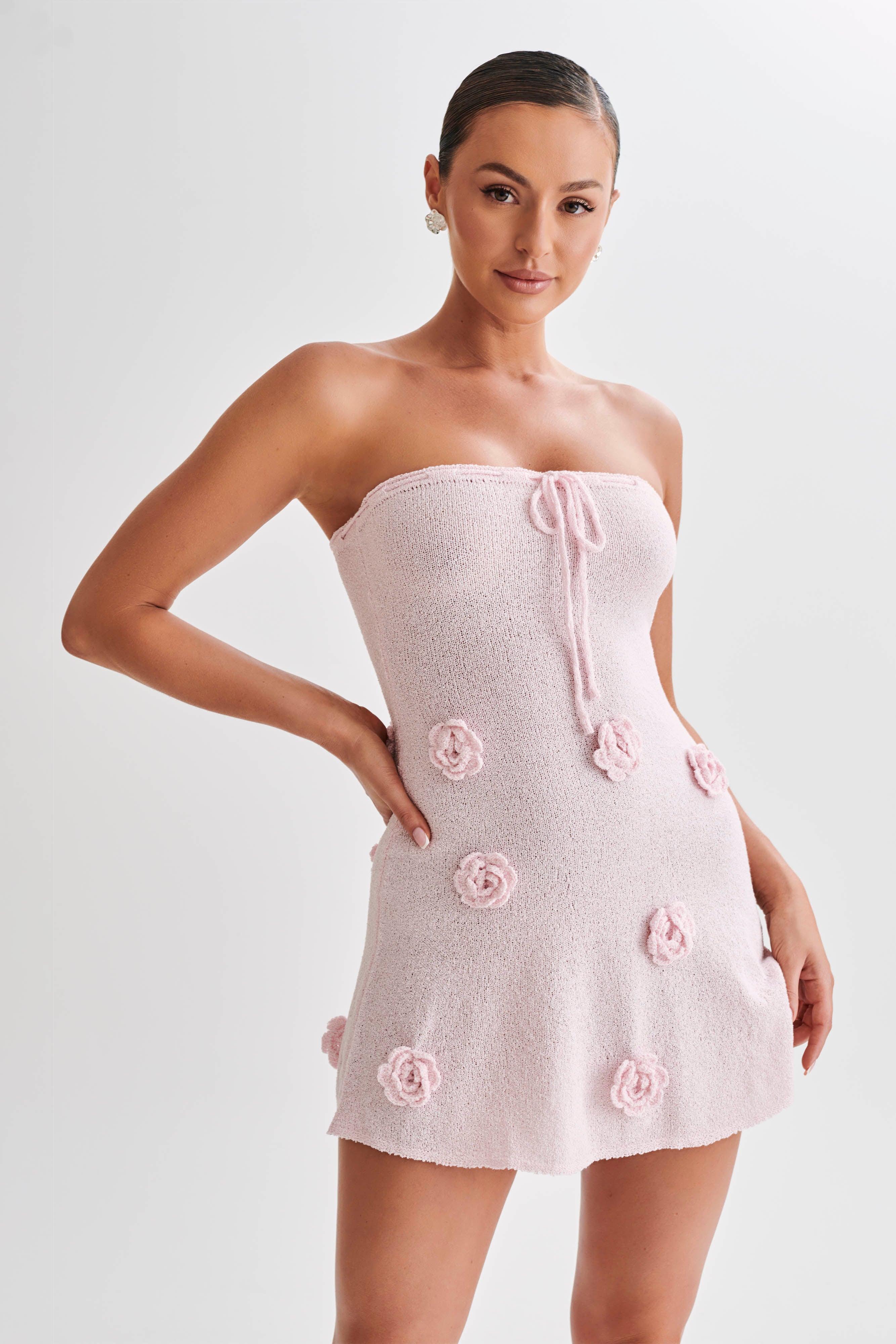 Levauro Connelly Straplez Örgü Mini Elbise - Fairy Floss Pembe