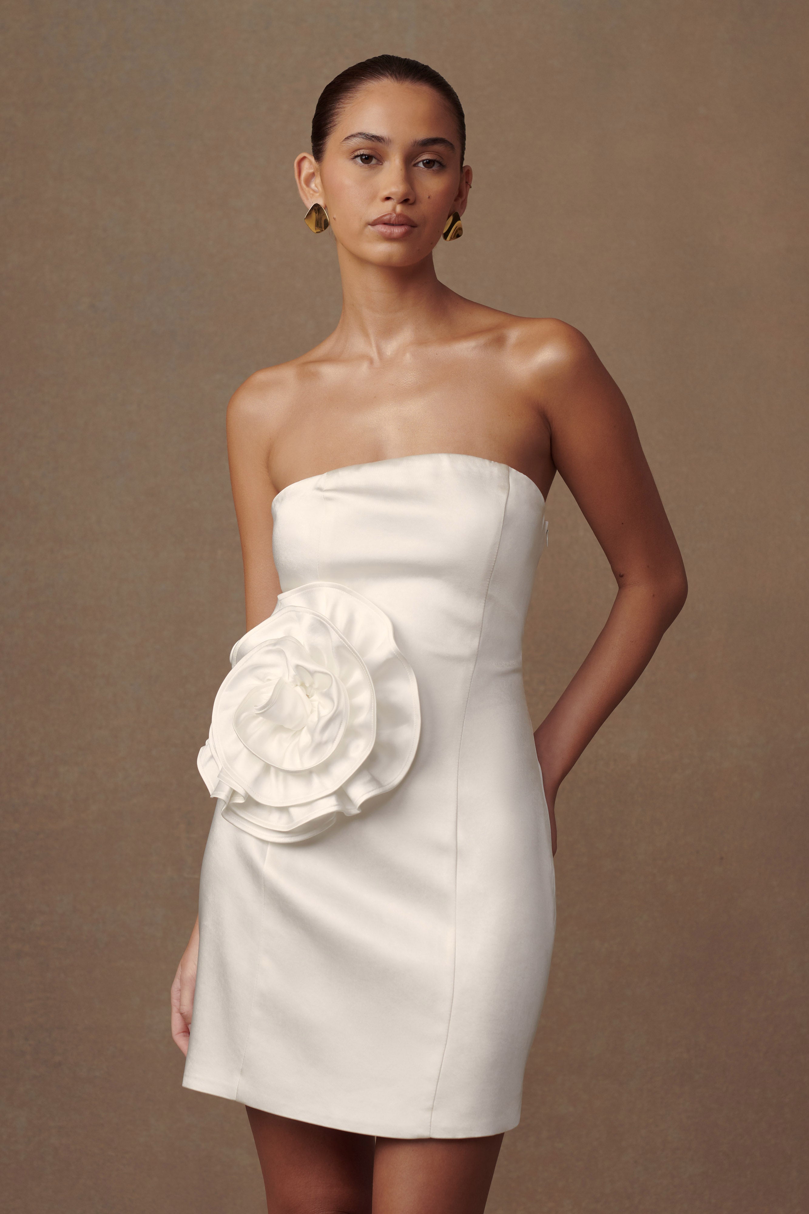 Levauro Bernadette Straplez Rose Mini Elbise - Beyaz