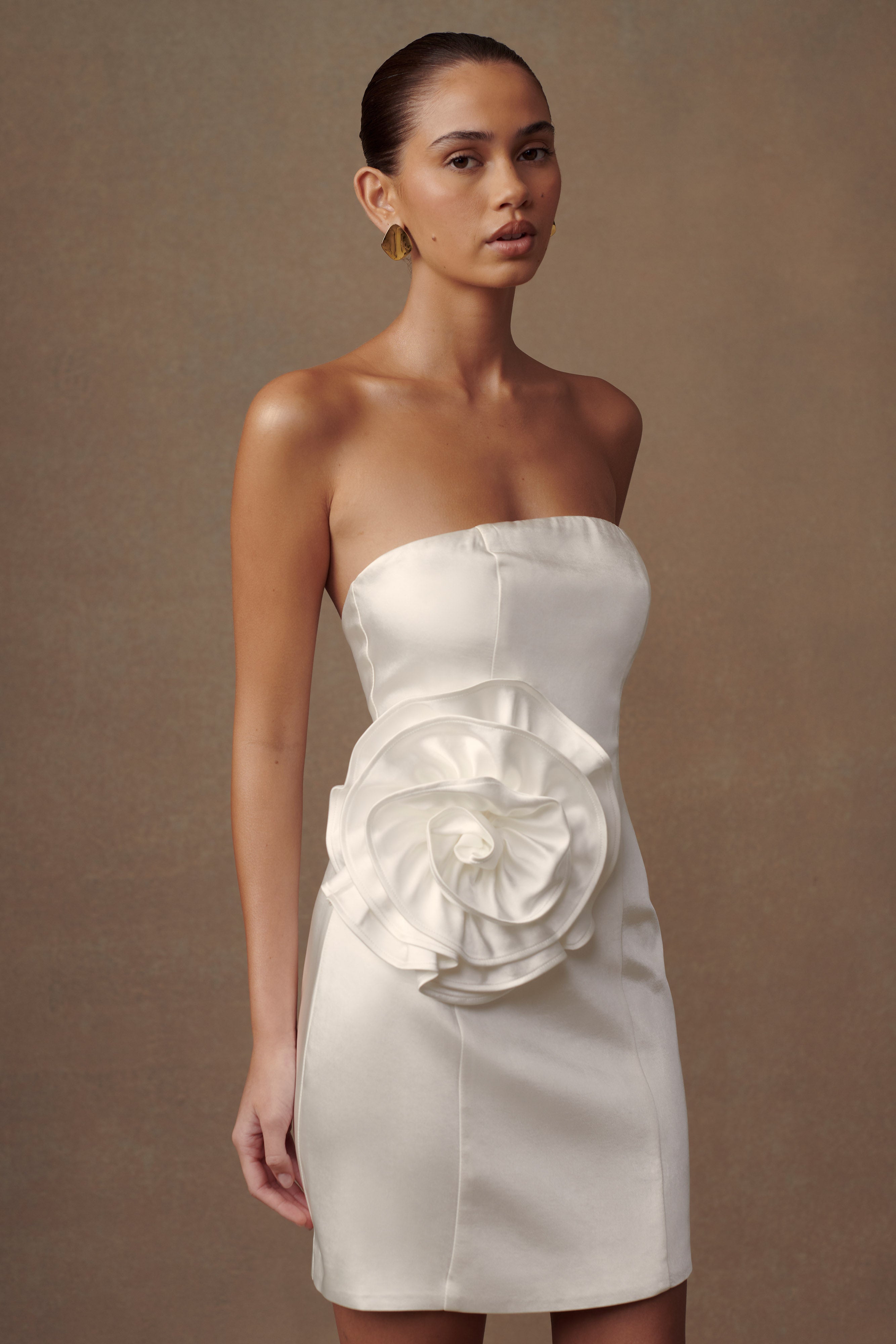 Levauro Bernadette Straplez Rose Mini Elbise - Beyaz