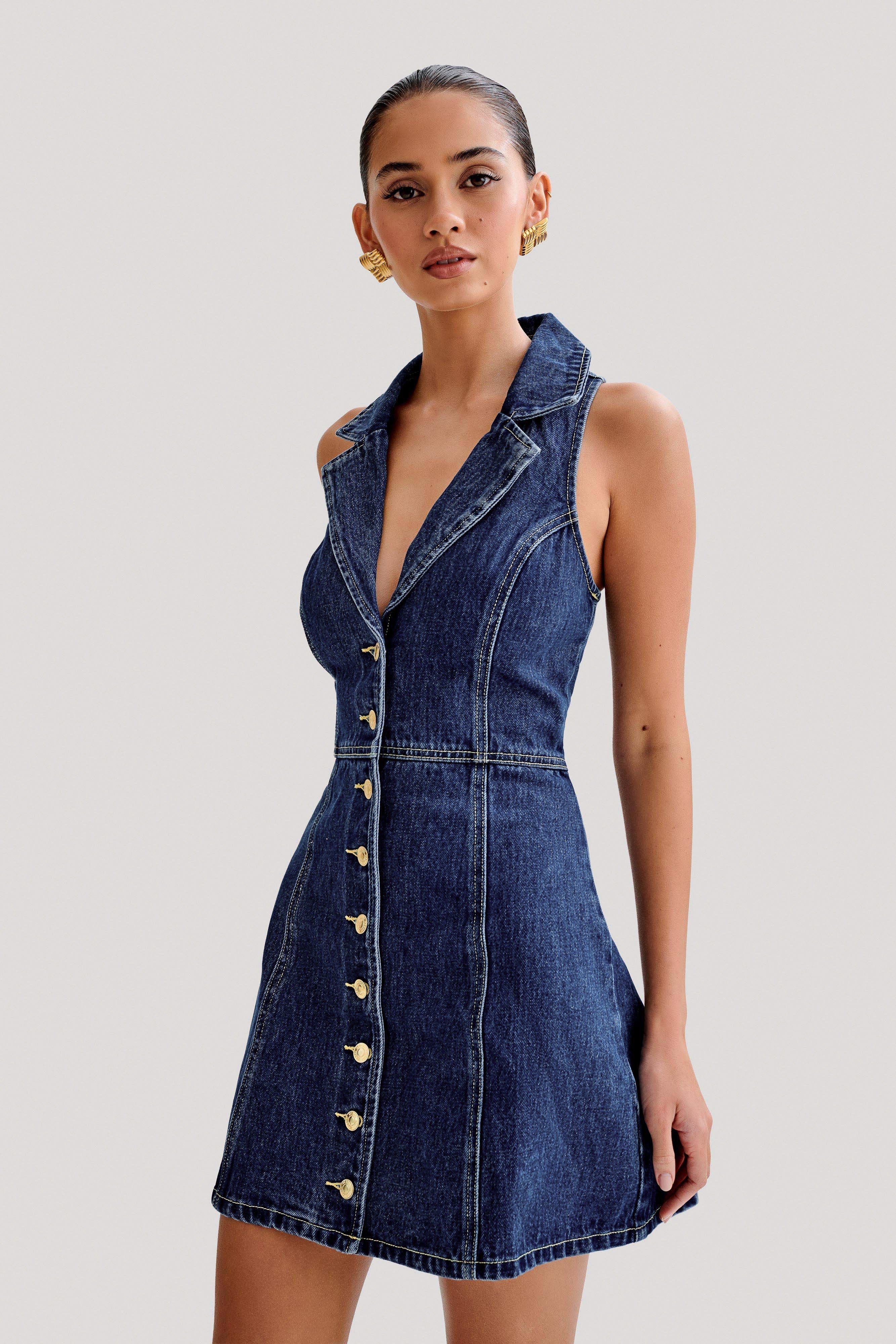 Levauro Eugenie Yakalı Denim Mini Elbise - Lacivert