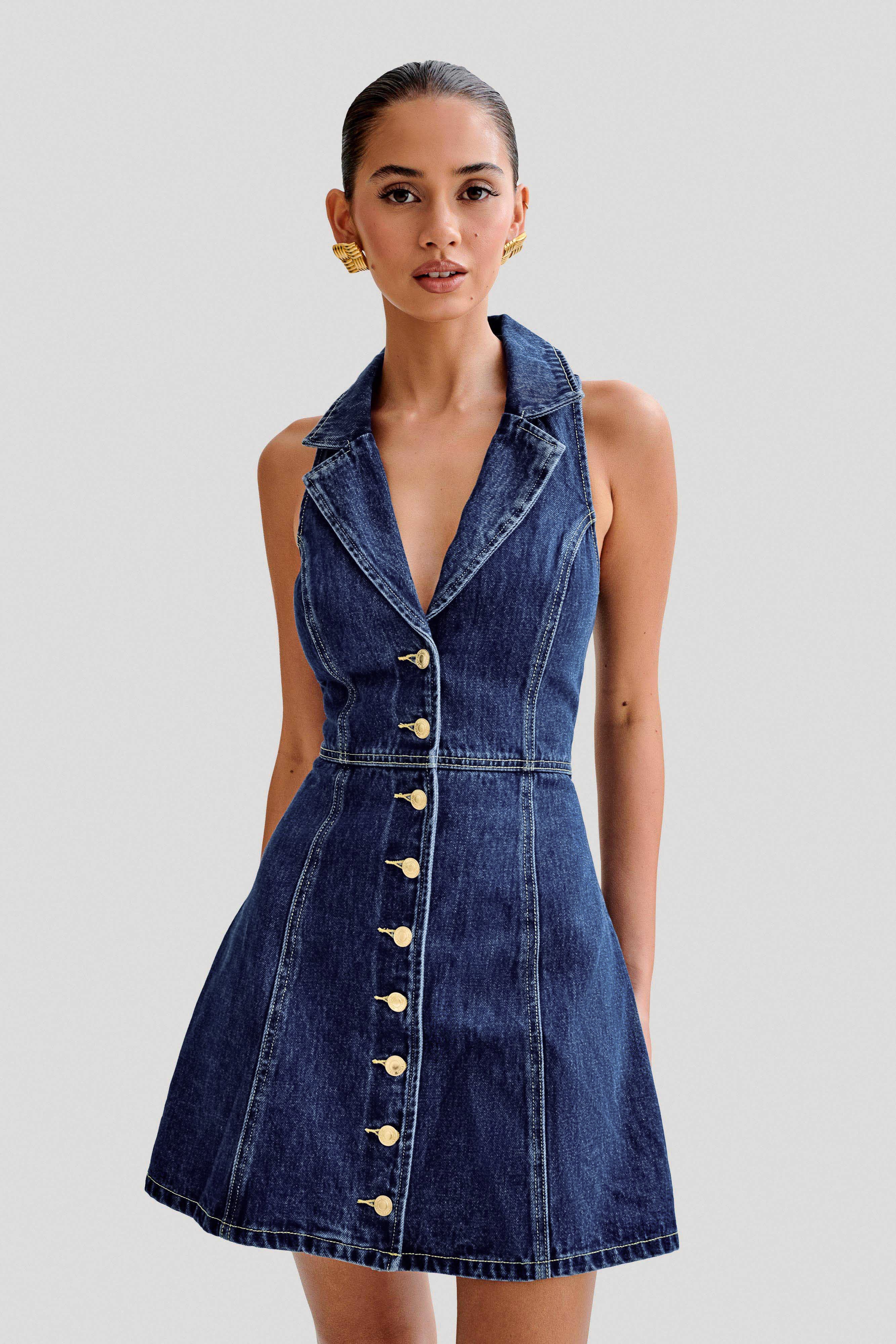 Levauro Eugenie Yakalı Denim Mini Elbise - Lacivert