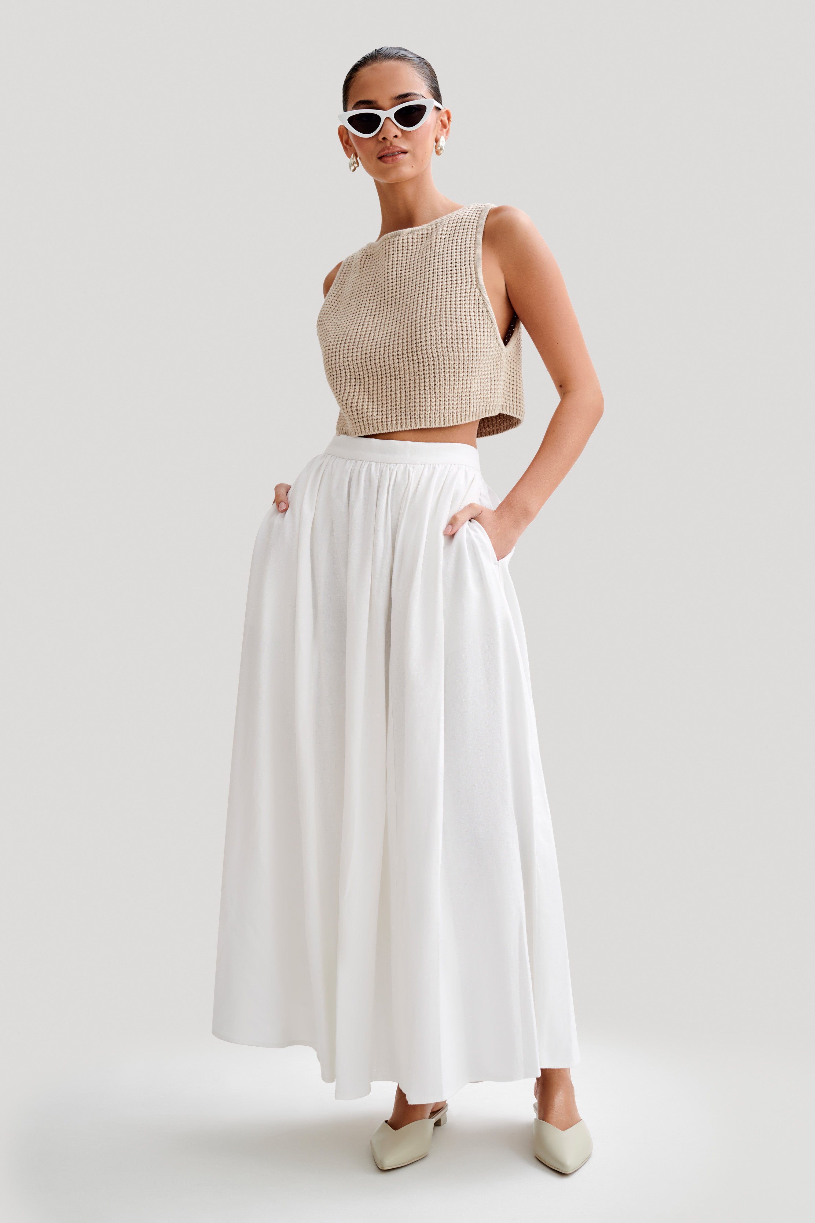 Levauro Clarence Keten A-Line Maxi Etek - Beyaz