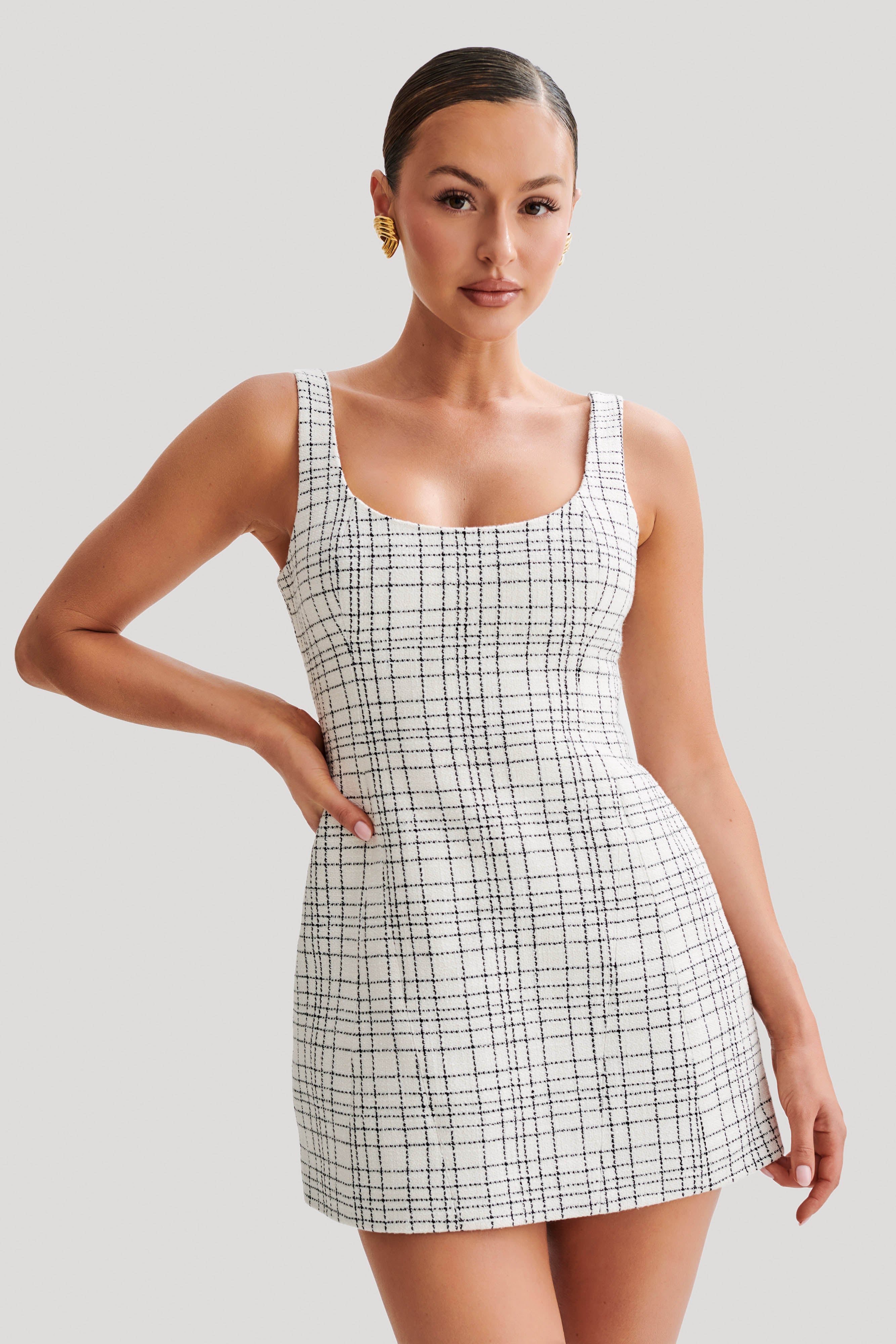 Levauro Beth Tweed Mini Elbise - Beyaz Kareli