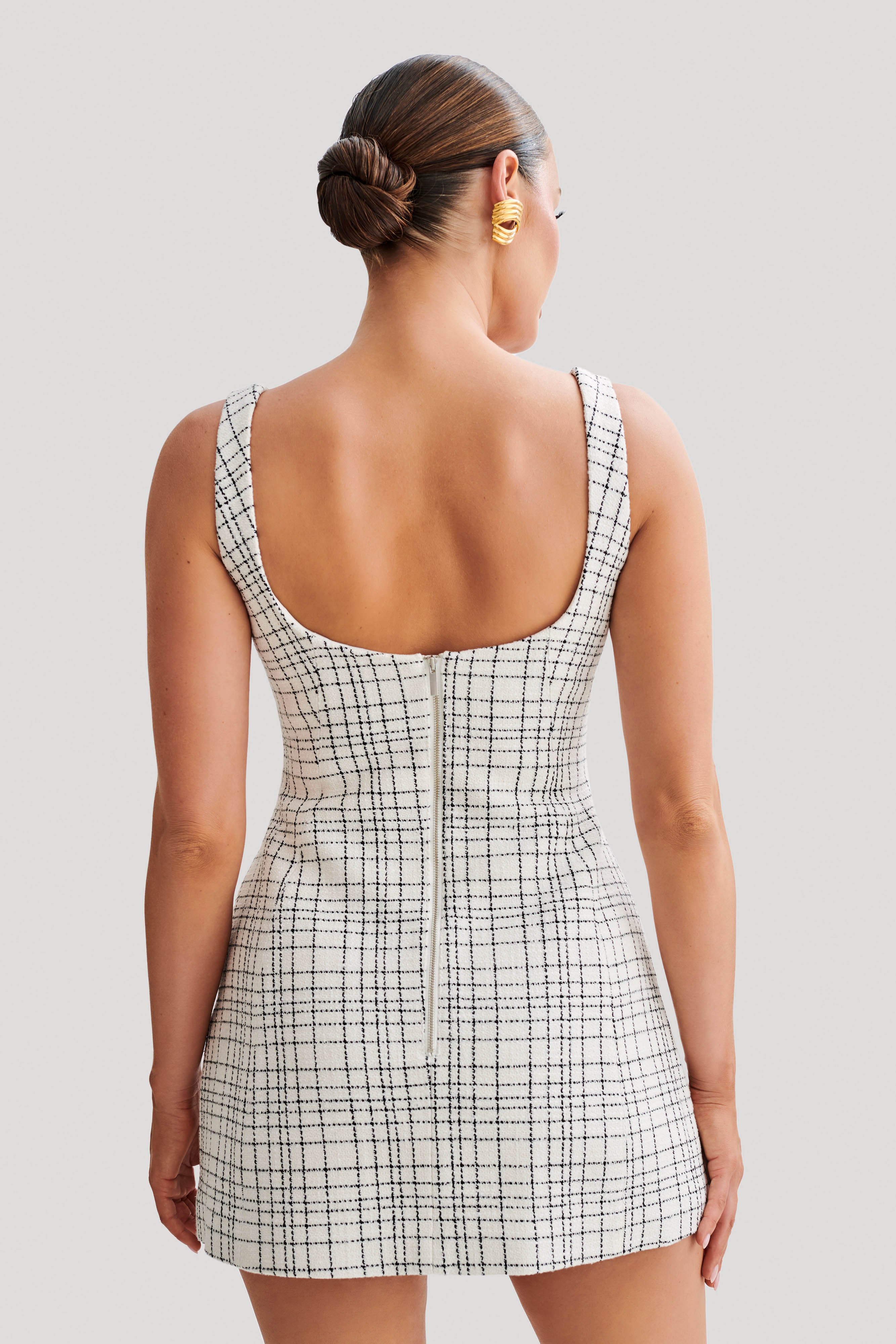 Levauro Beth Tweed Mini Elbise - Beyaz Kareli