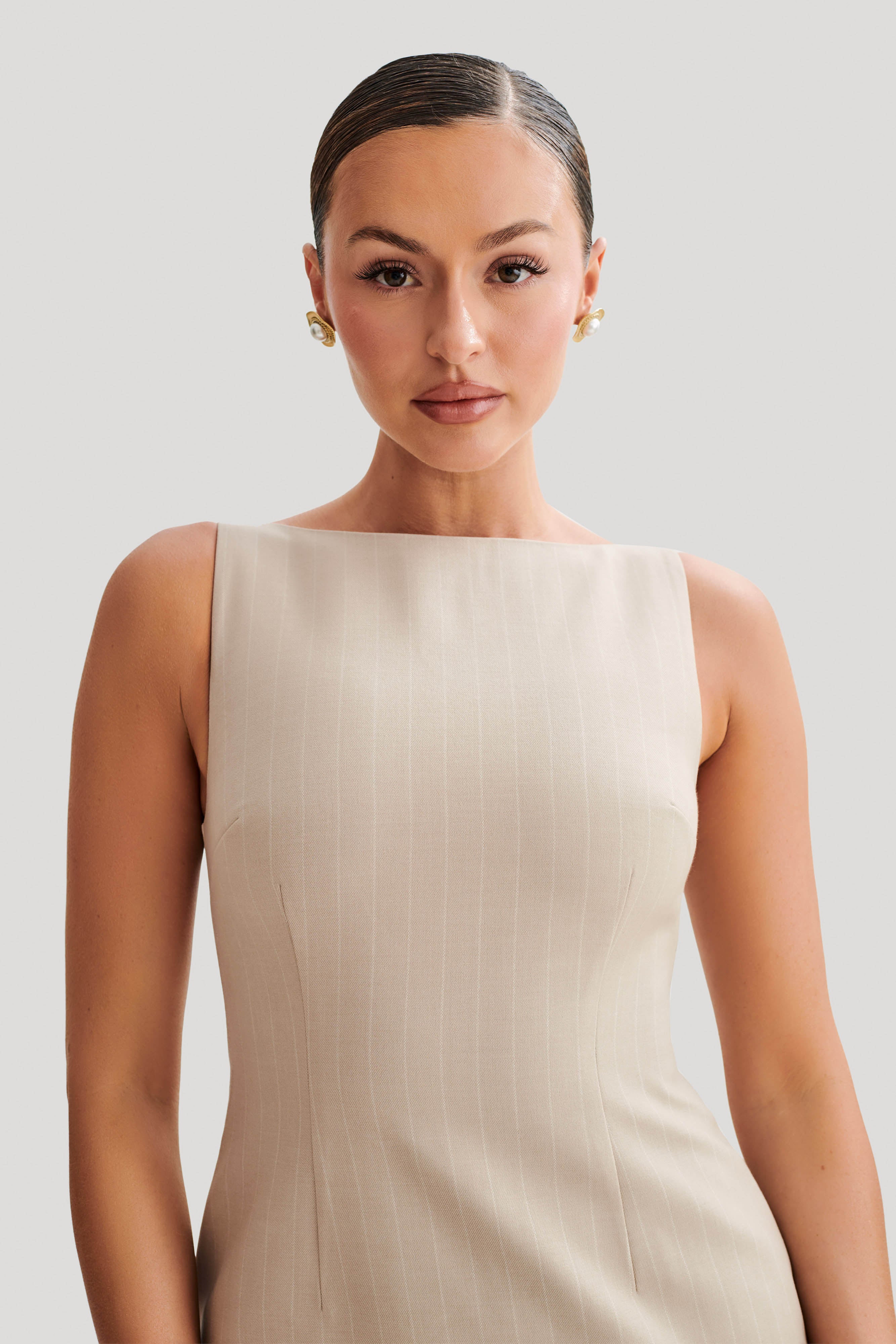 Levauro Angela Suit Mini Elbise - Taupe İnce Çizgili