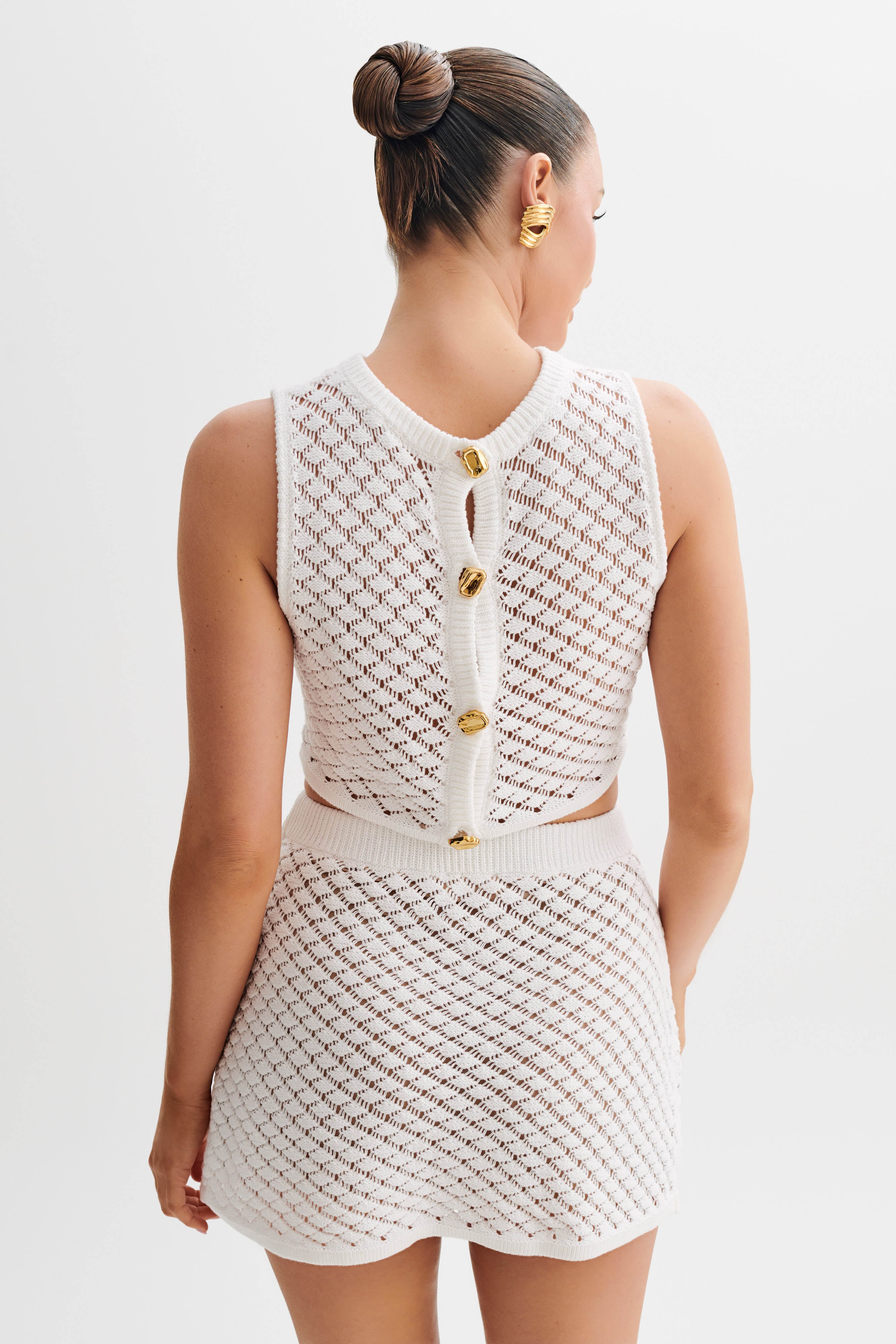 Levauro Lorenza Tığ İşi Düğmeli Crop Top - Fildişi