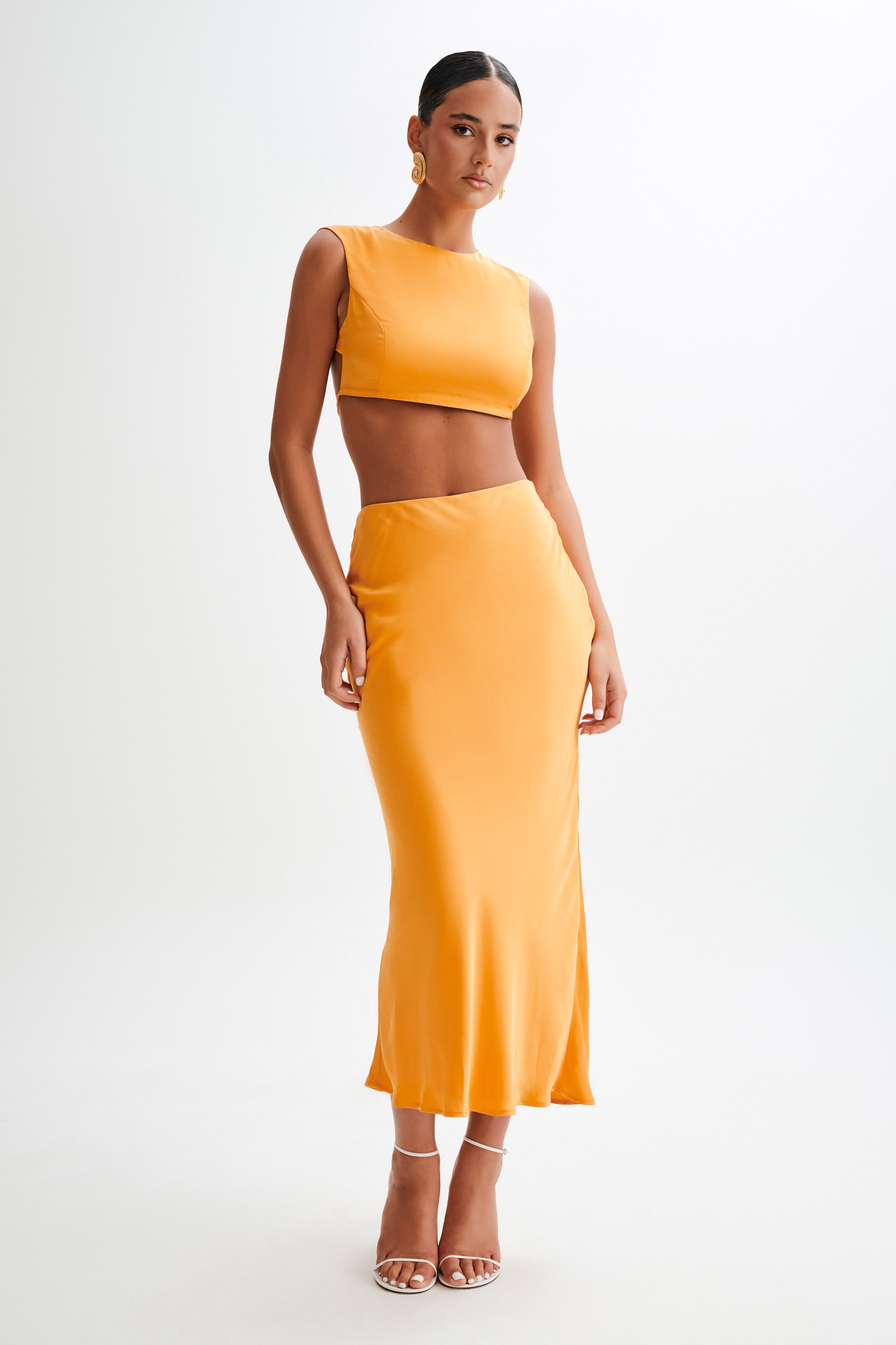 Levauro Viviana Saten Kolsuz Crop Top - Mandalina
