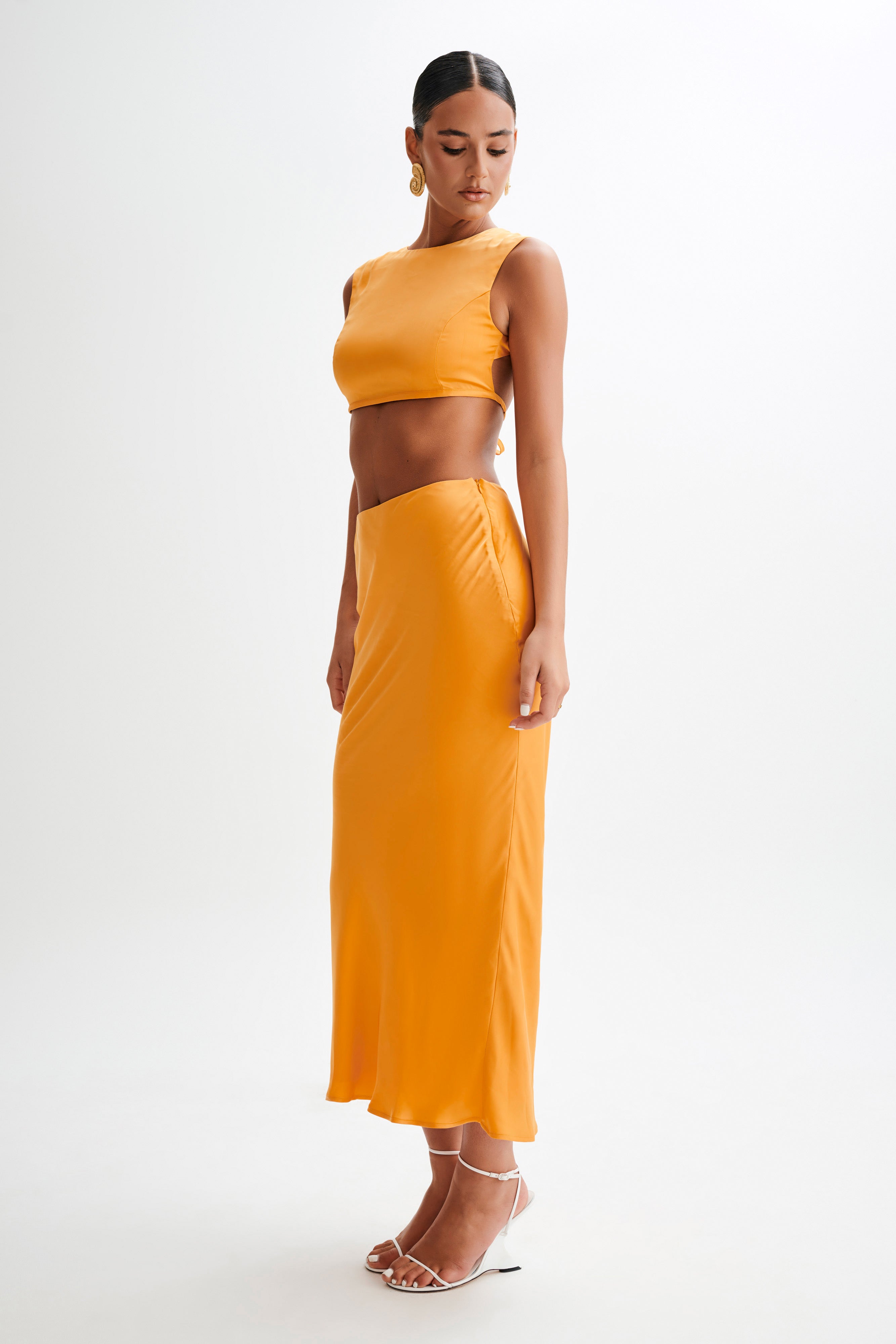 Levauro Viviana Saten Kolsuz Crop Top - Mandalina