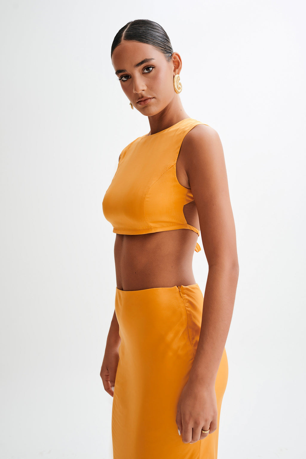 Levauro Viviana Saten Kolsuz Crop Top - Mandalina