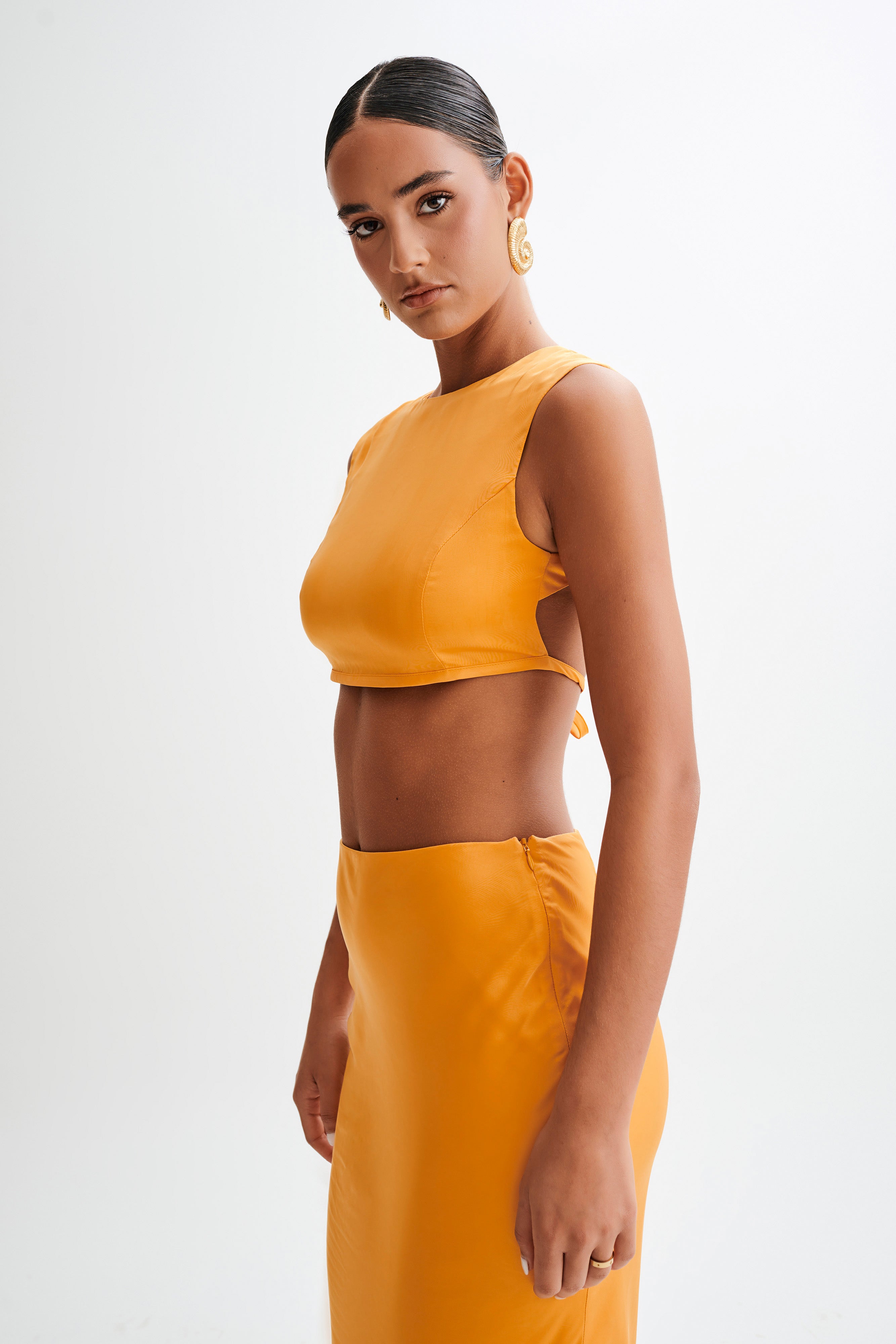 Levauro Viviana Saten Kolsuz Crop Top - Mandalina