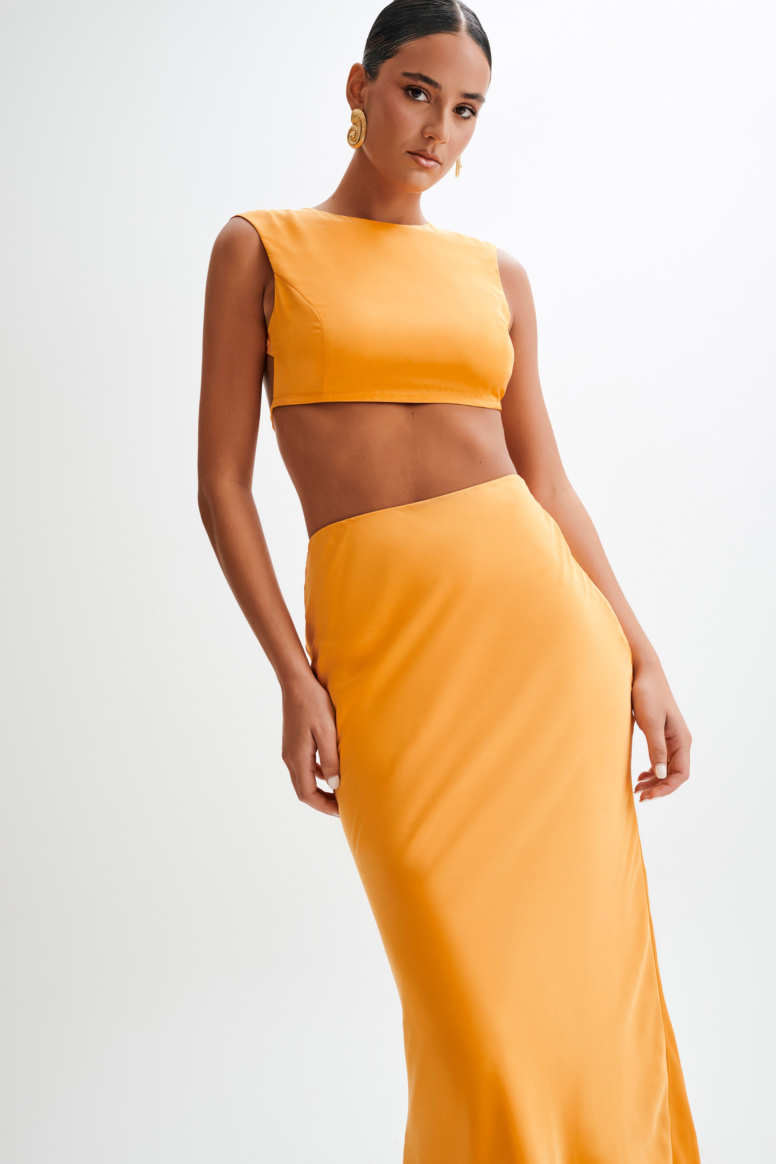 Levauro Viviana Saten Kolsuz Crop Top - Mandalina