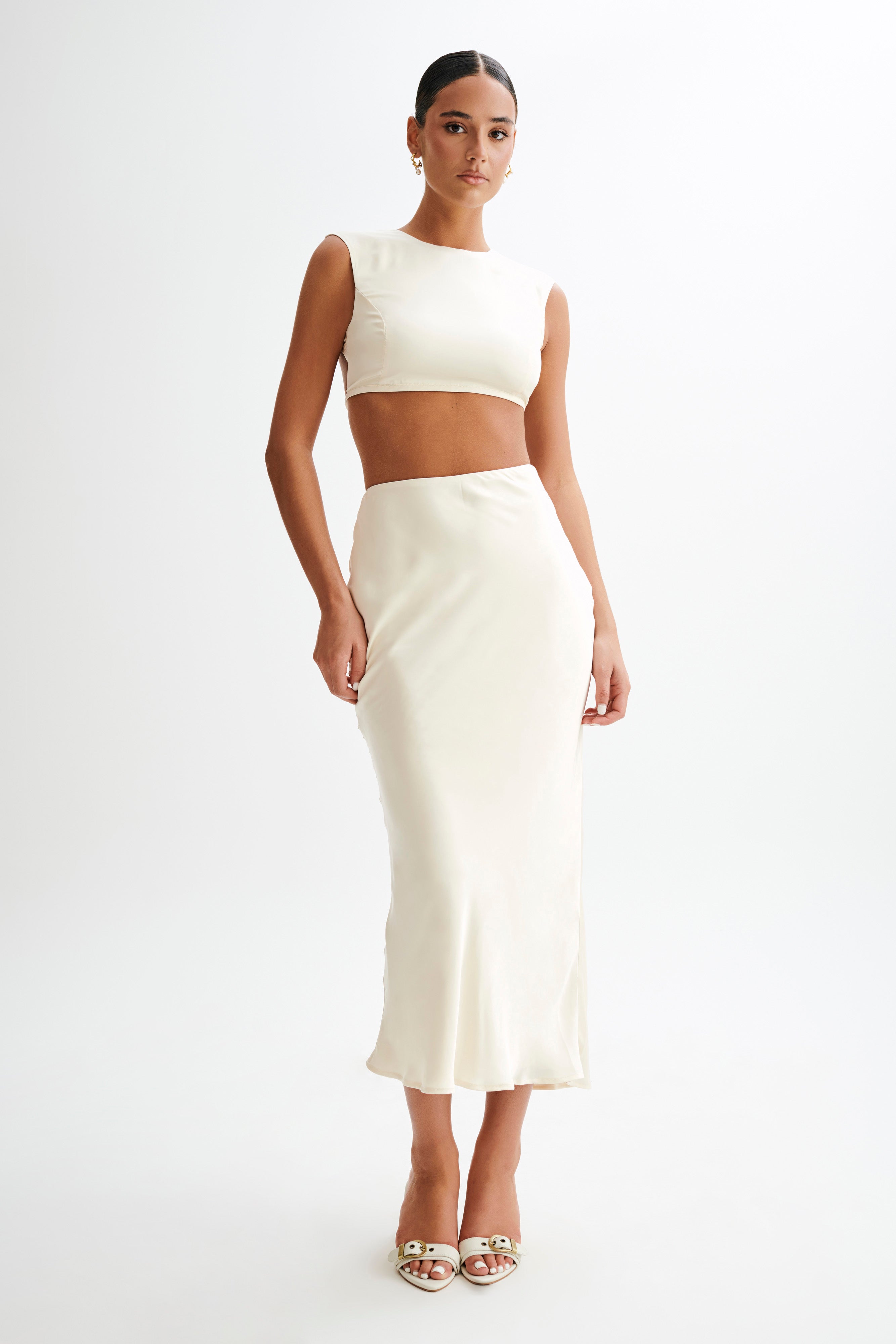 Levauro Viviana Saten Kolsuz Crop Top - Fildişi