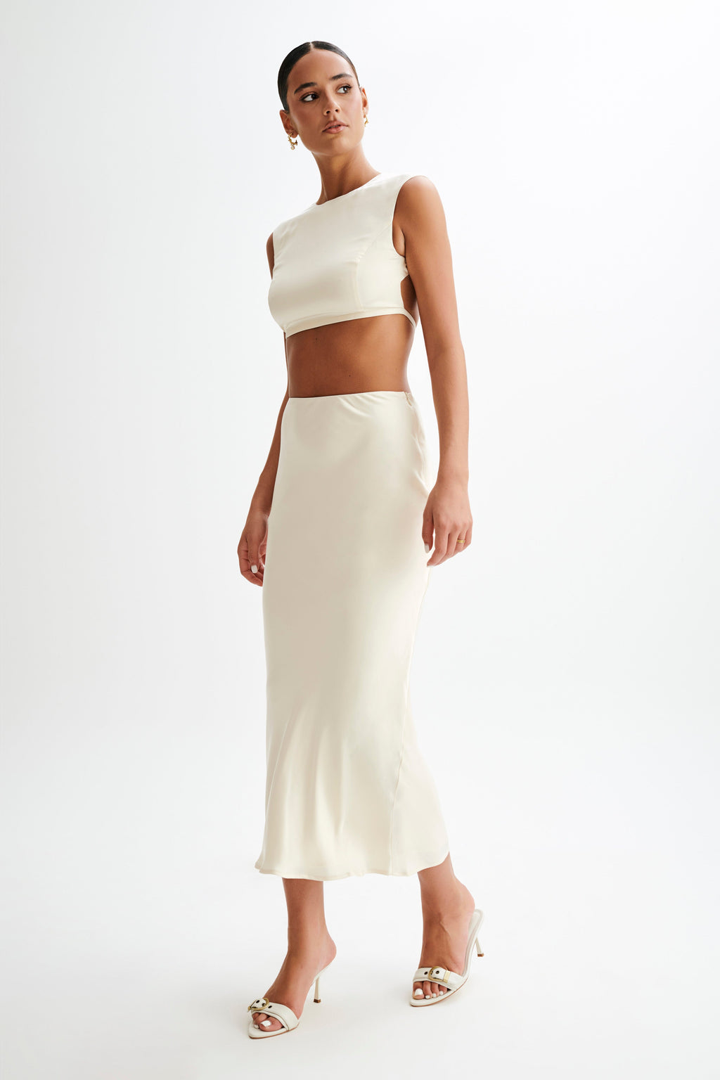 Levauro Viviana Saten Kolsuz Crop Top - Fildişi
