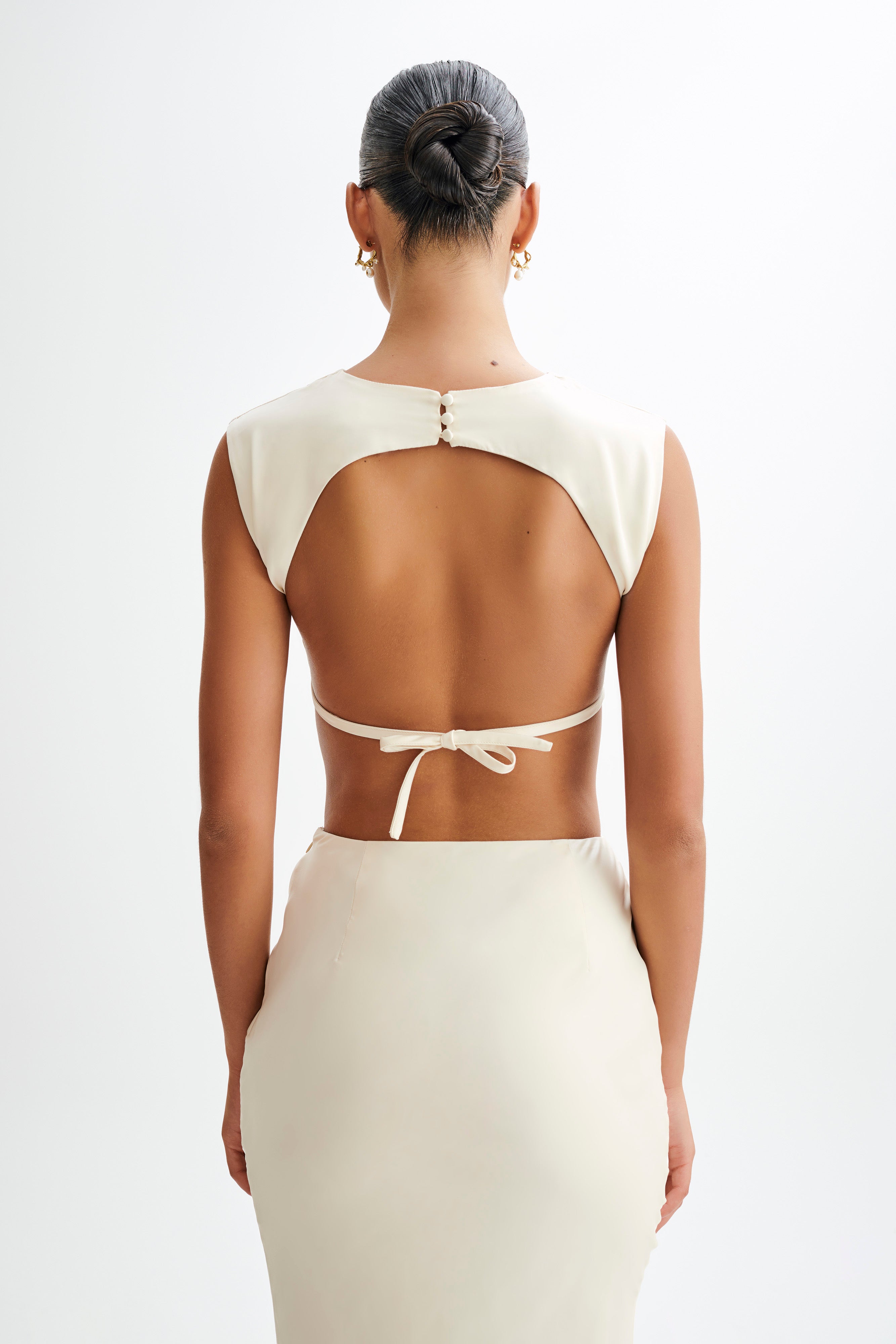 Levauro Viviana Saten Kolsuz Crop Top - Fildişi