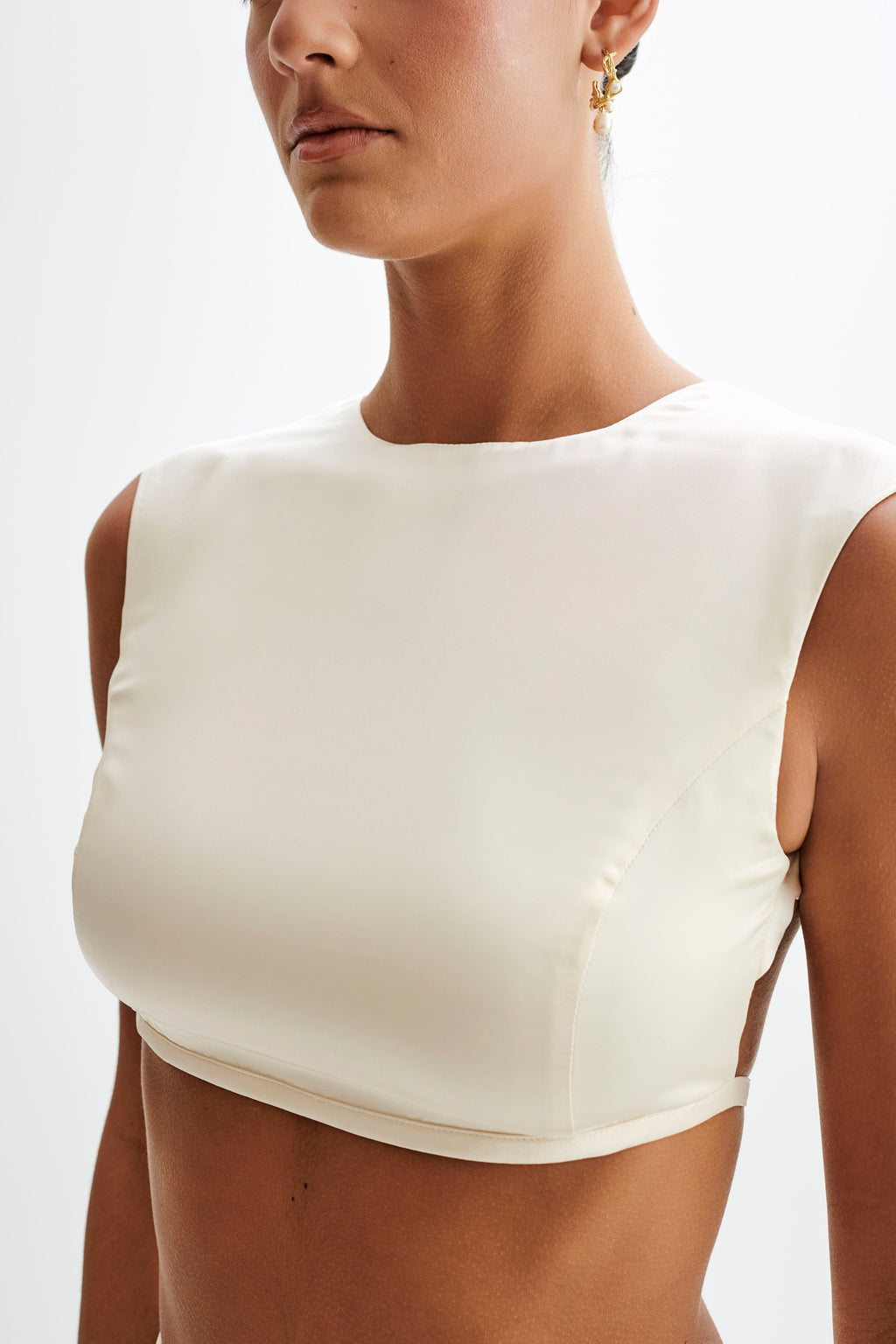 Levauro Viviana Saten Kolsuz Crop Top - Fildişi