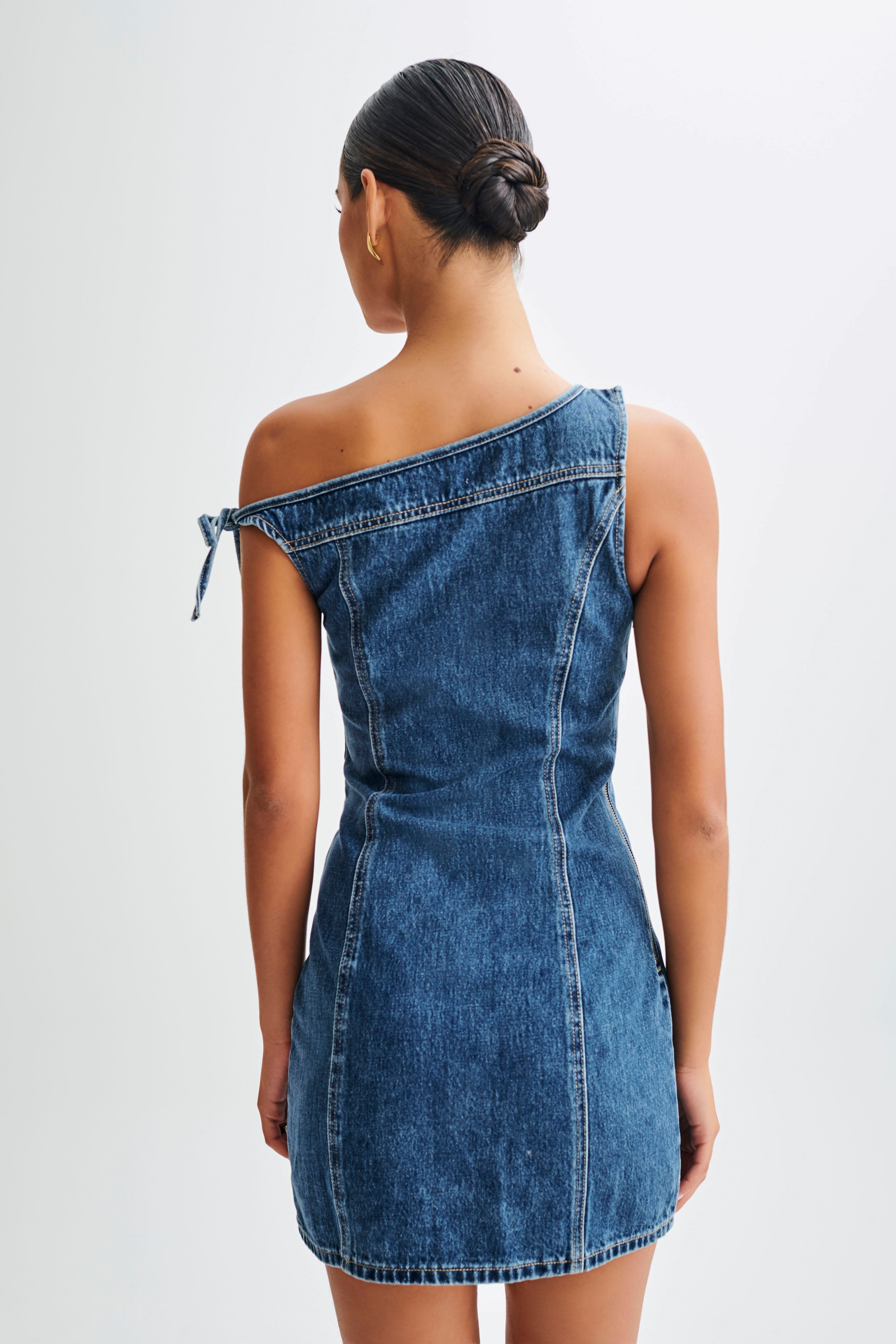 Levauro Baker Düşük Omuz Denim Mini Elbise - Koyu Mavi