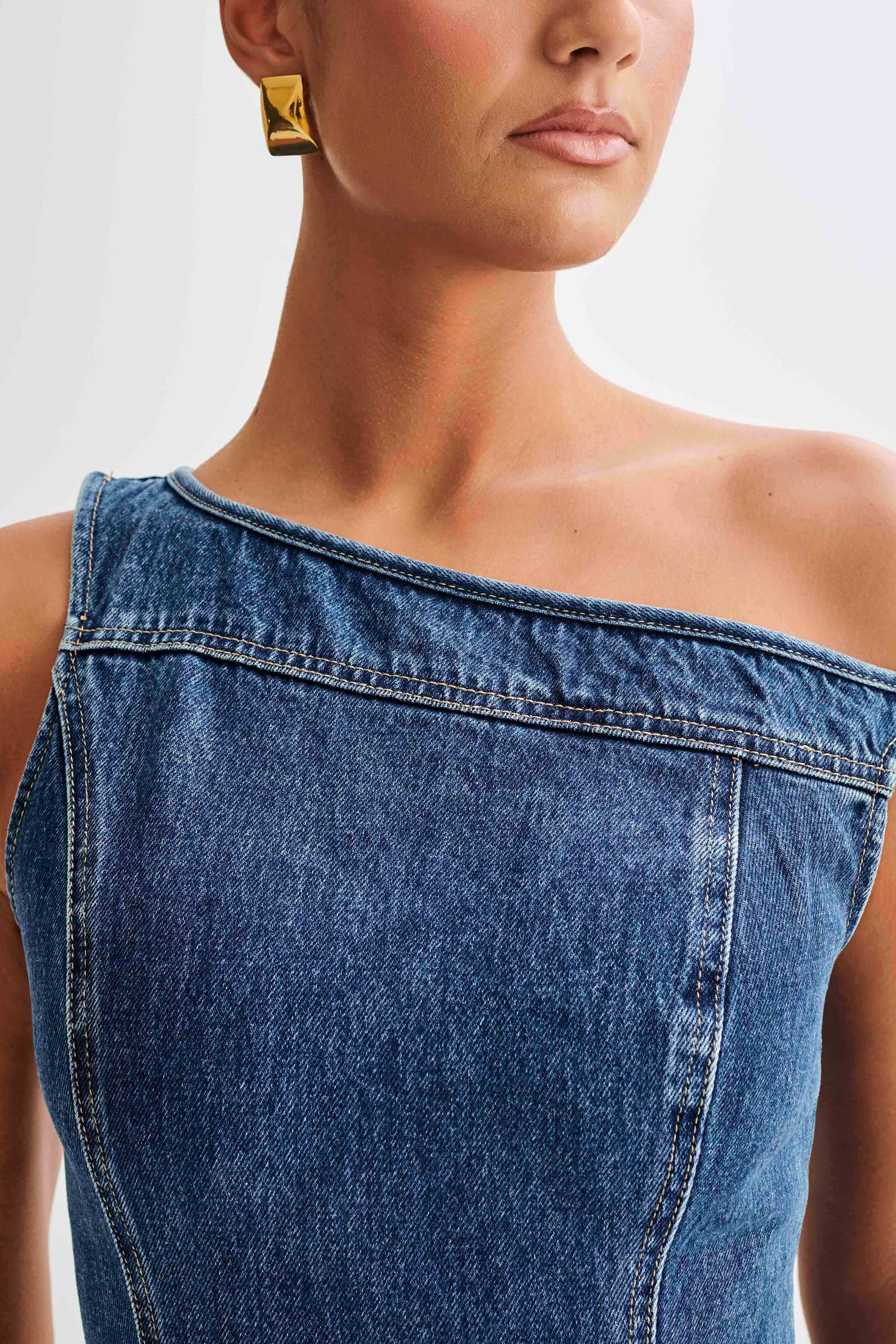 Levauro Baker Düşük Omuz Denim Mini Elbise - Koyu Mavi