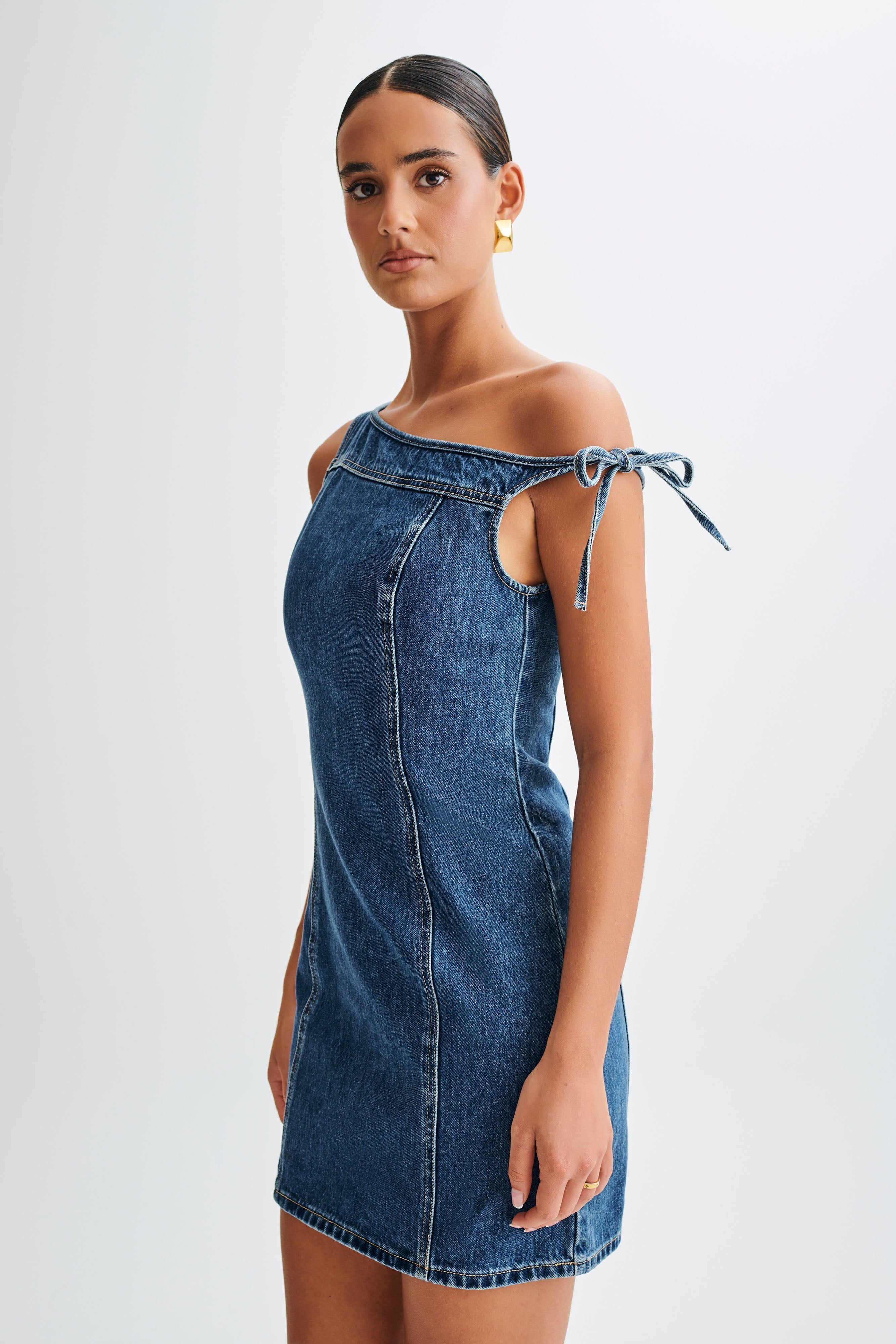 Levauro Baker Düşük Omuz Denim Mini Elbise - Koyu Mavi