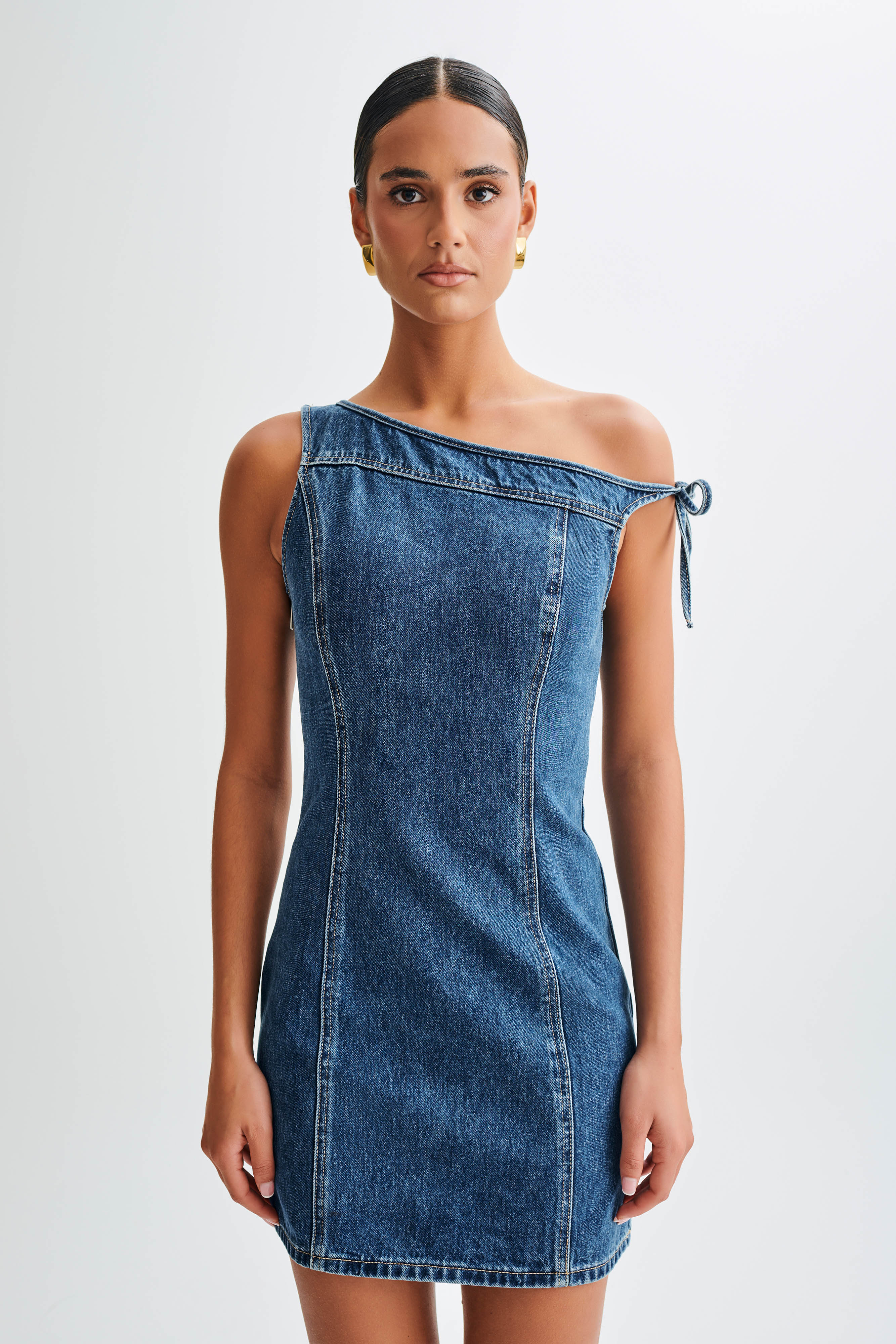 Levauro Baker Düşük Omuz Denim Mini Elbise - Koyu Mavi