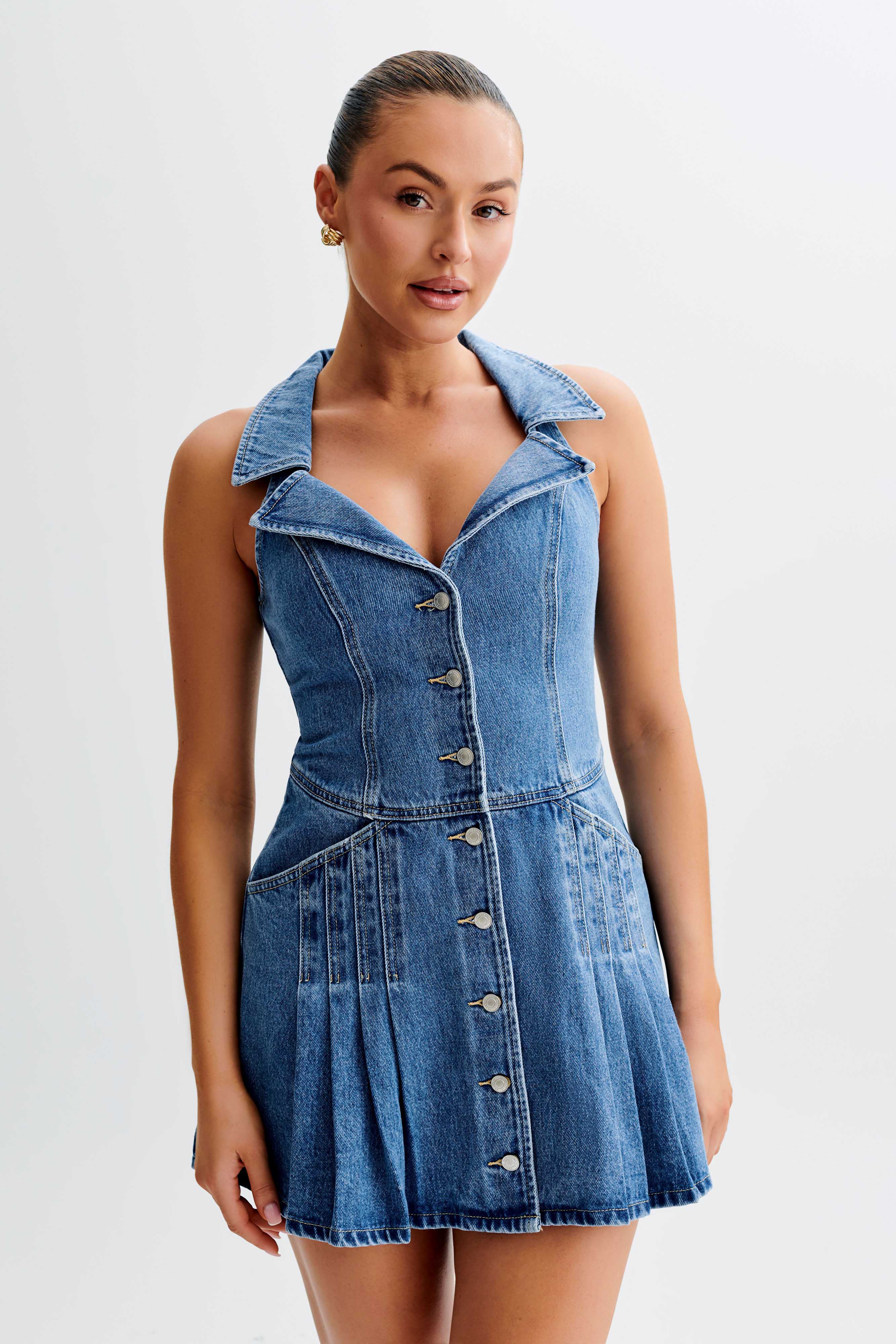 Levauro  Porter Yakalı Denim Mini Elbise - 70'Ler Mavi
