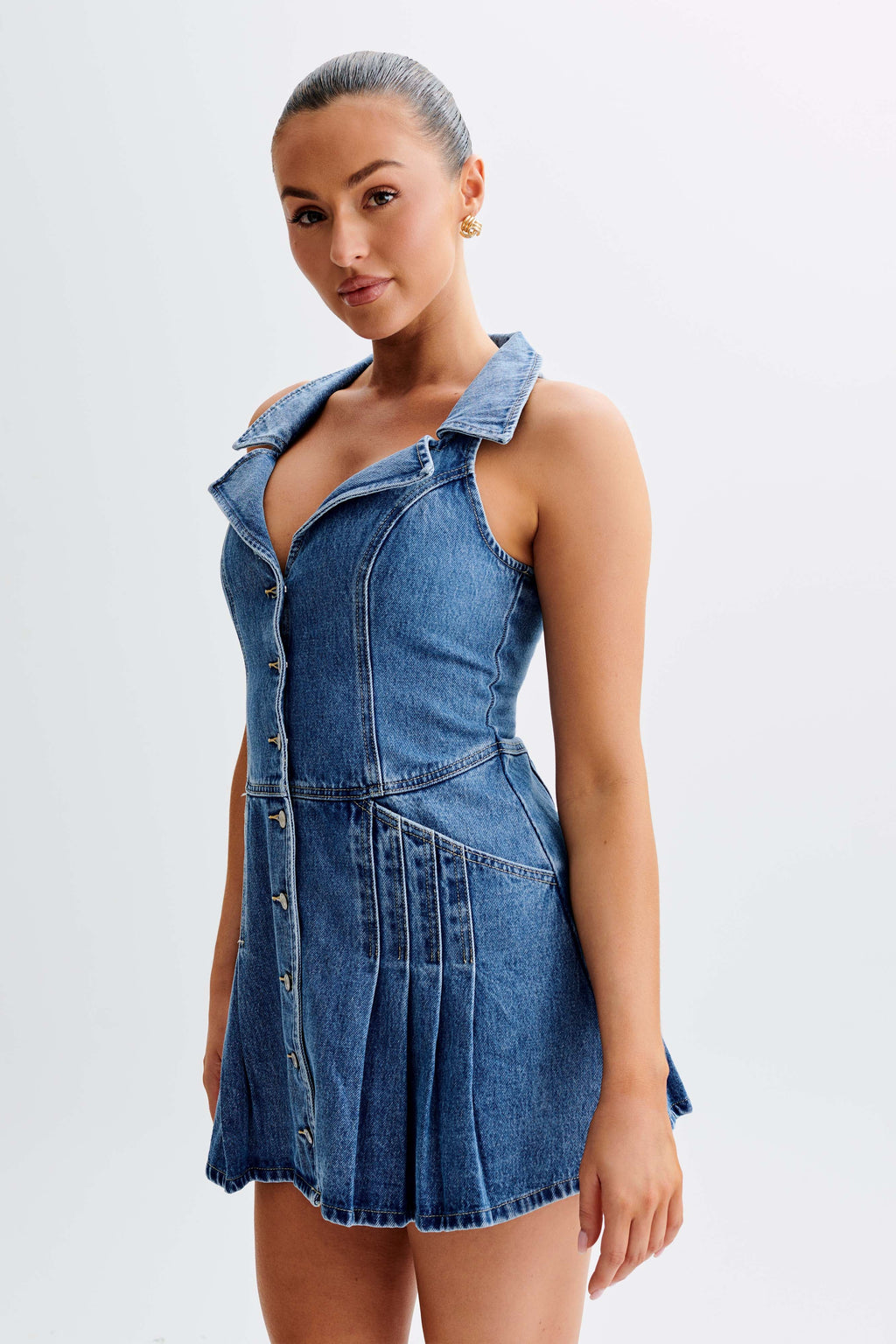 Levauro  Porter Yakalı Denim Mini Elbise - 70'Ler Mavi