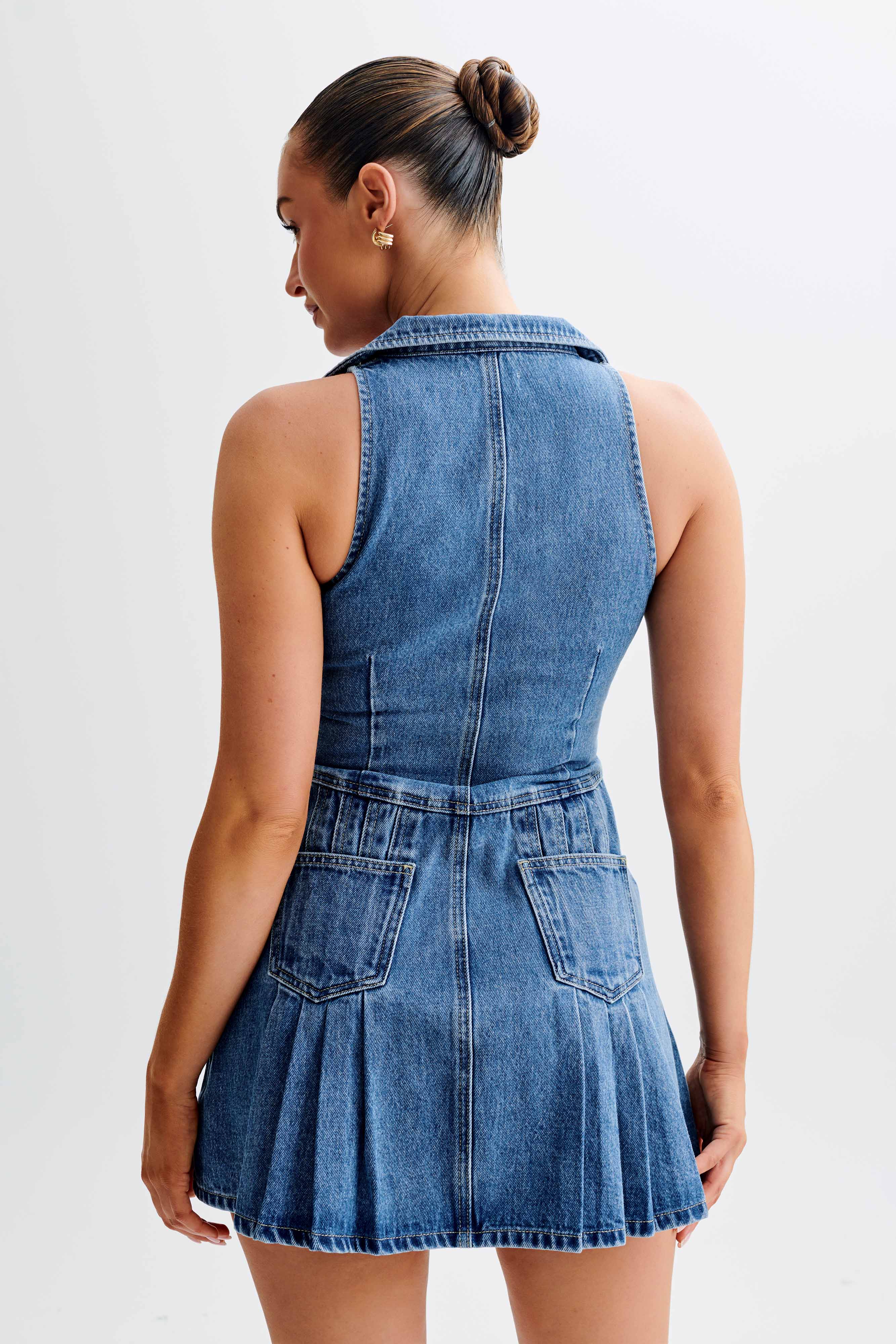 Levauro  Porter Yakalı Denim Mini Elbise - 70'Ler Mavi