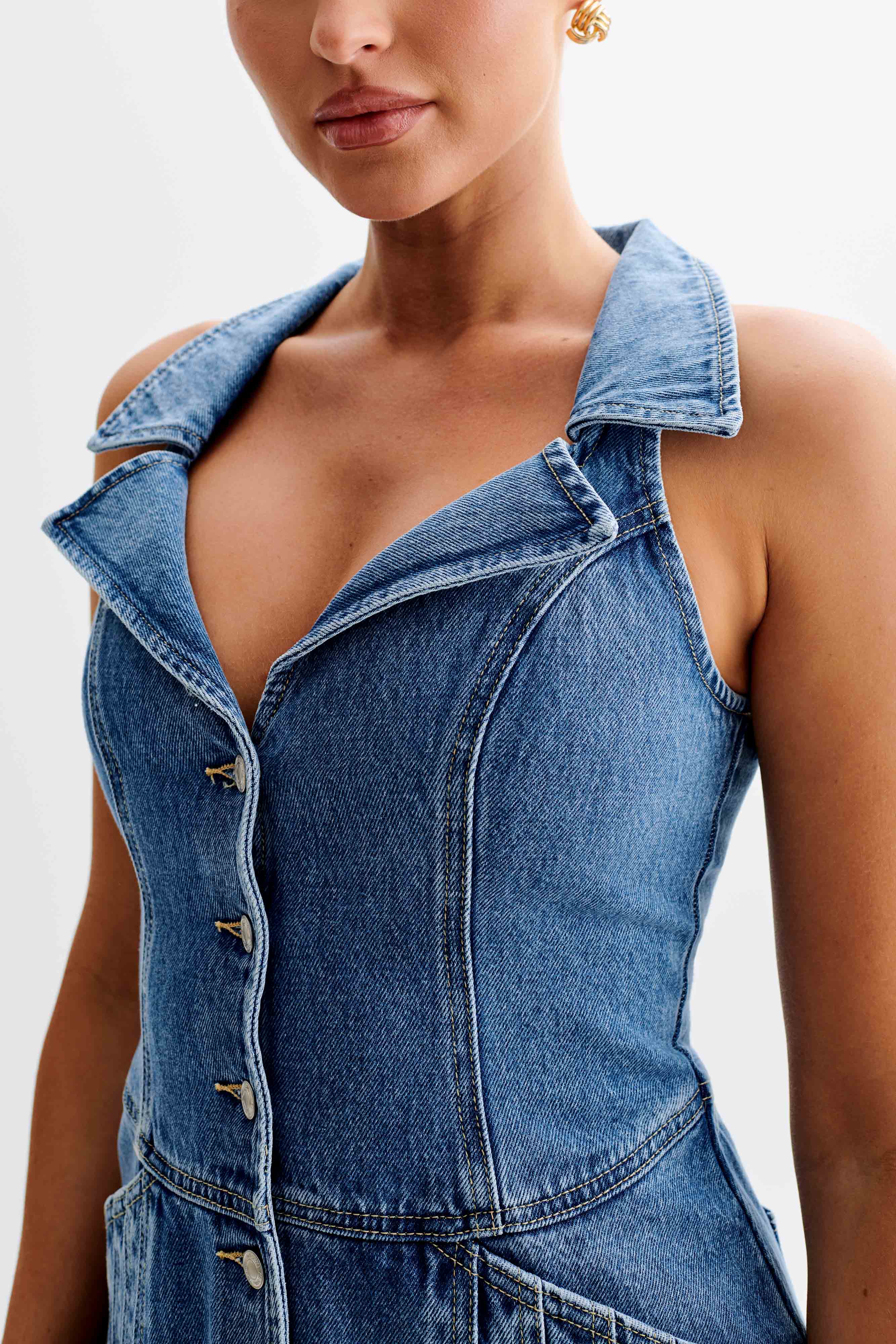 Levauro  Porter Yakalı Denim Mini Elbise - 70'Ler Mavi